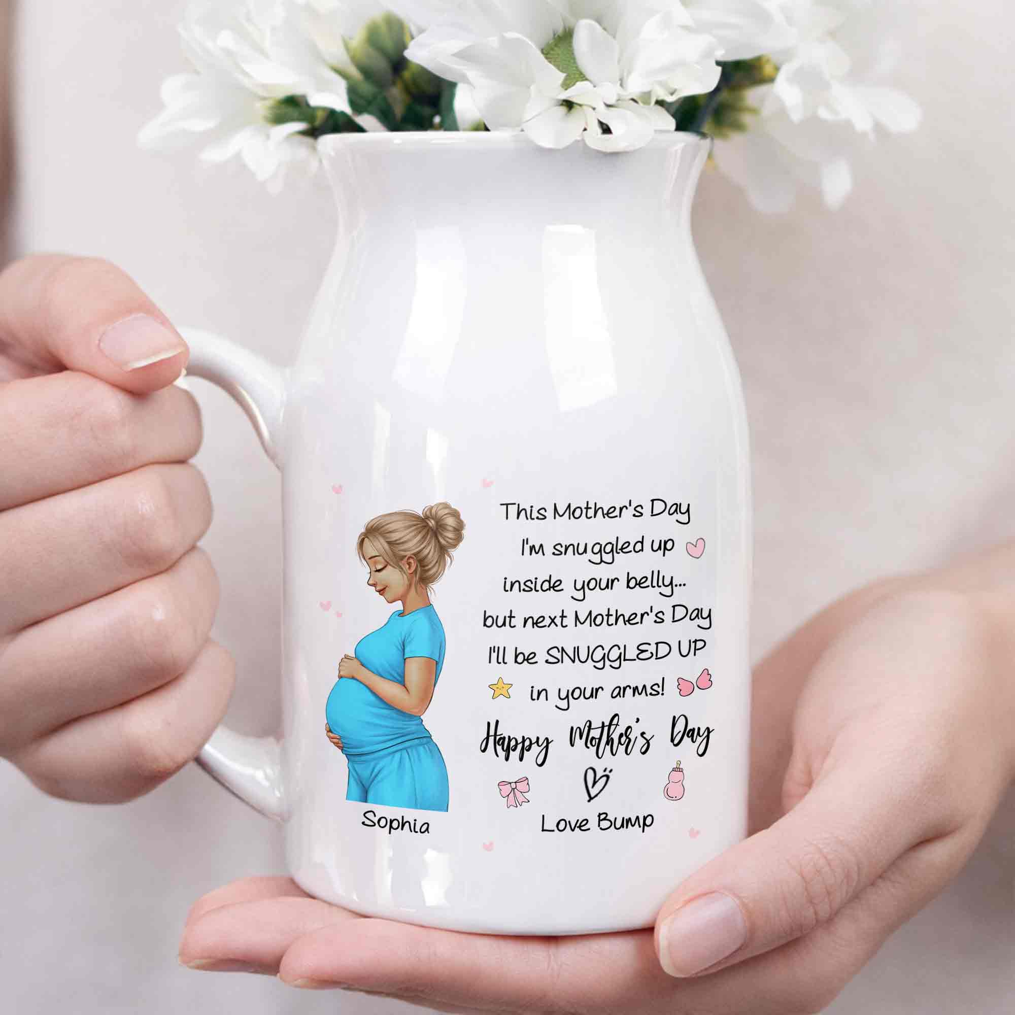 This Mother's Day I'm Snuggled Up Pregnant Woman Design - Personalized Ceramic Flower Vase