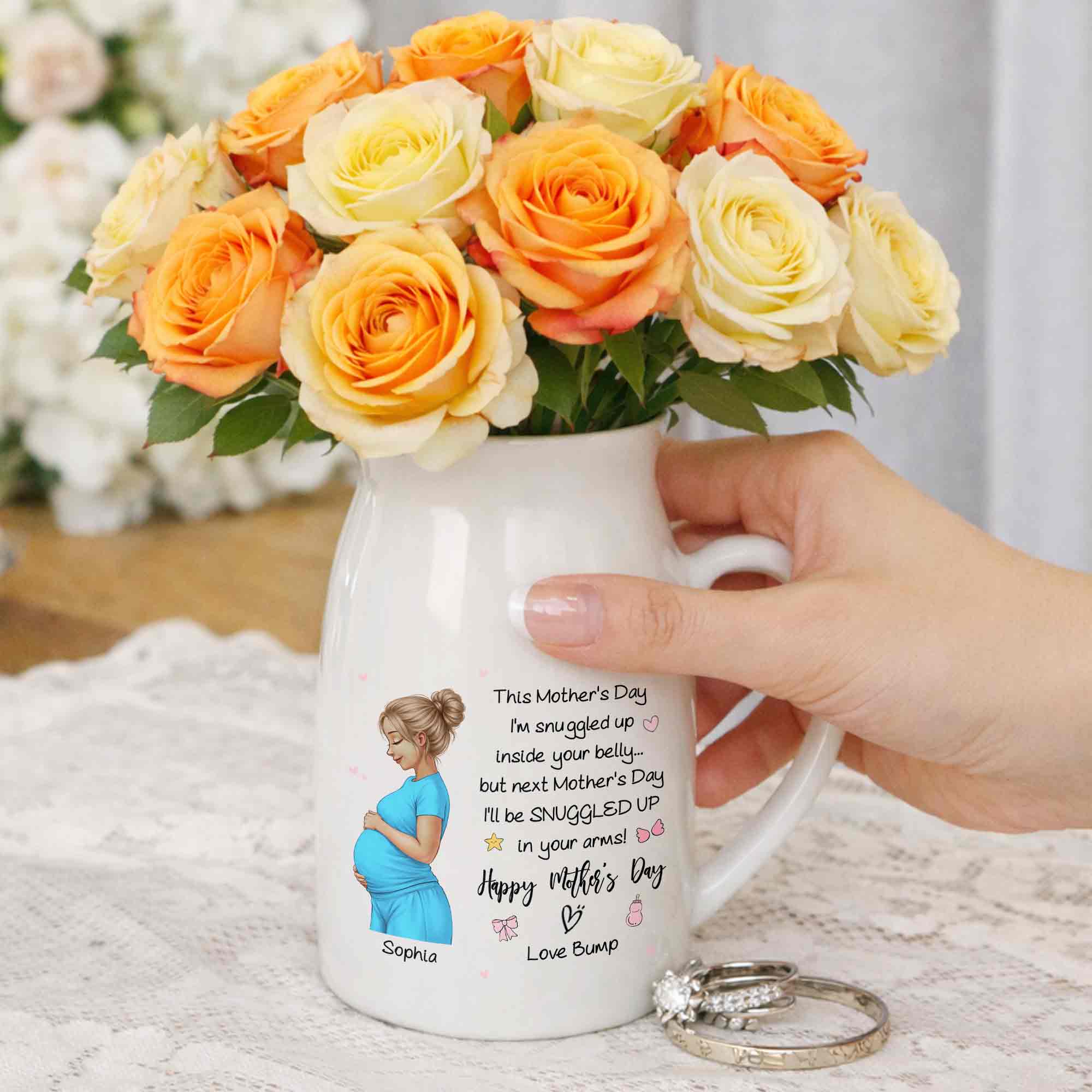 This Mother's Day I'm Snuggled Up Pregnant Woman Design - Personalized Ceramic Flower Vase