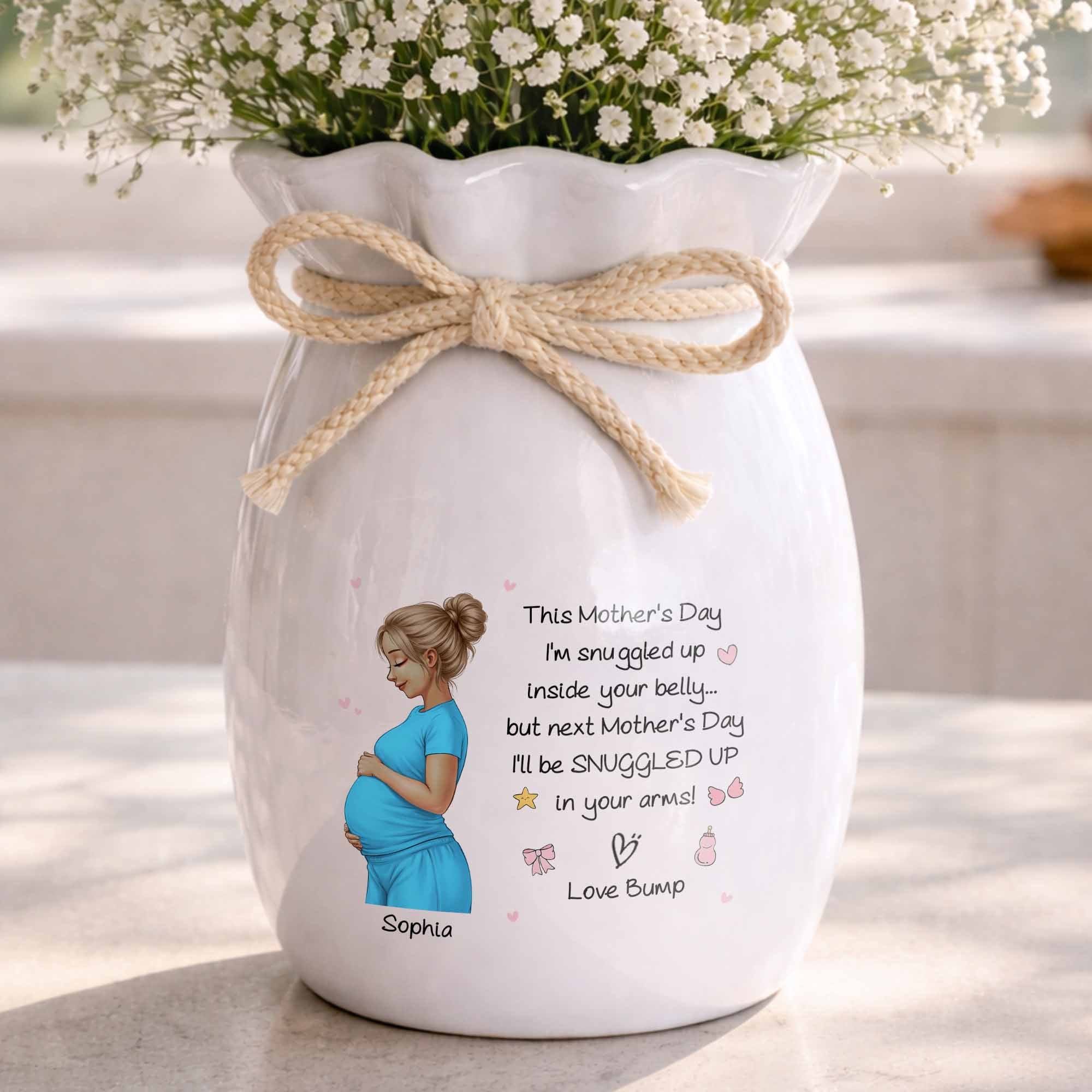 Snuggled Up Inside Your Belly Pregnant Woman Ribbon Flower Vase - Personalized Ribbon Tie Flower Vase