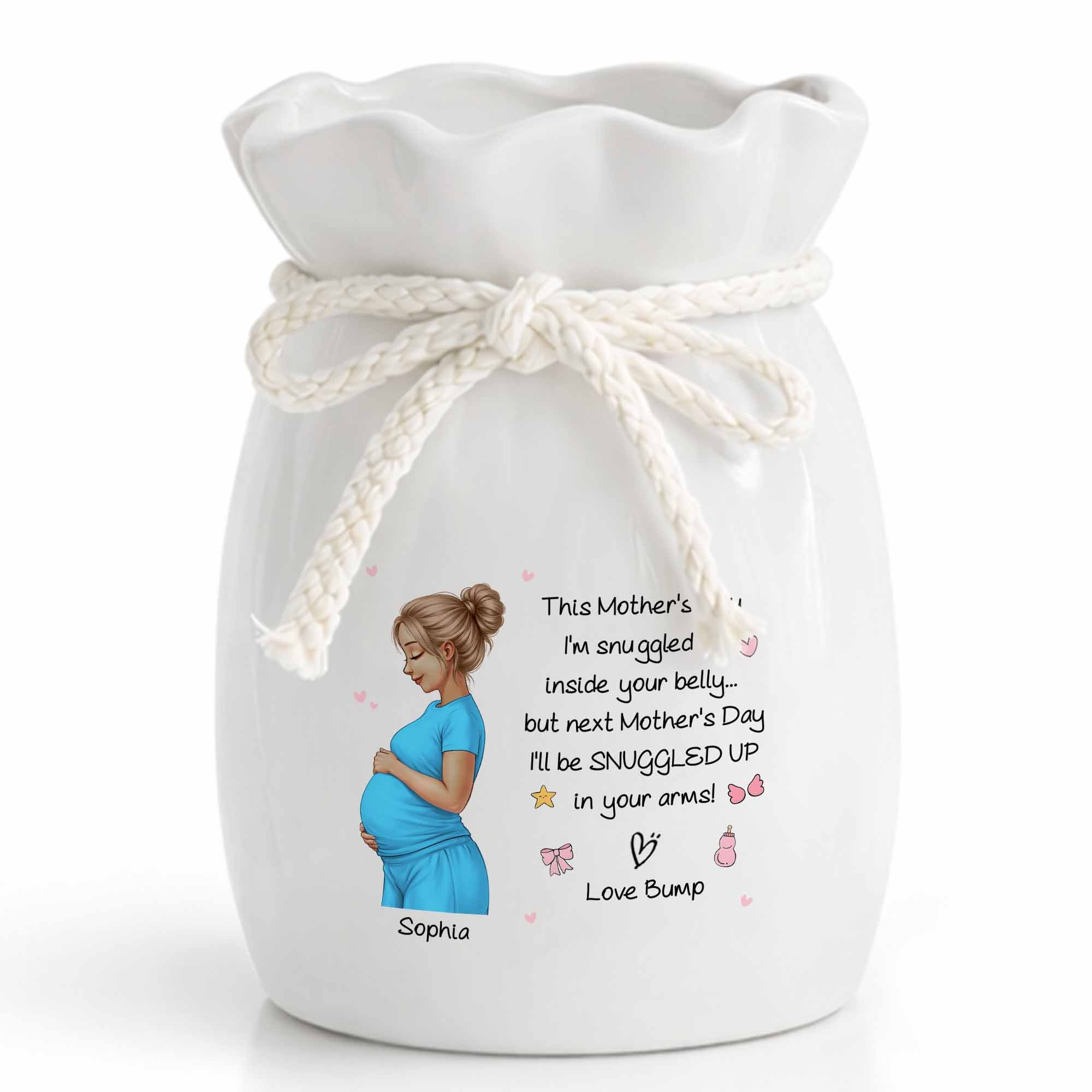Snuggled Up Inside Your Belly Pregnant Woman Ribbon Flower Vase - Personalized Ribbon Tie Flower Vase
