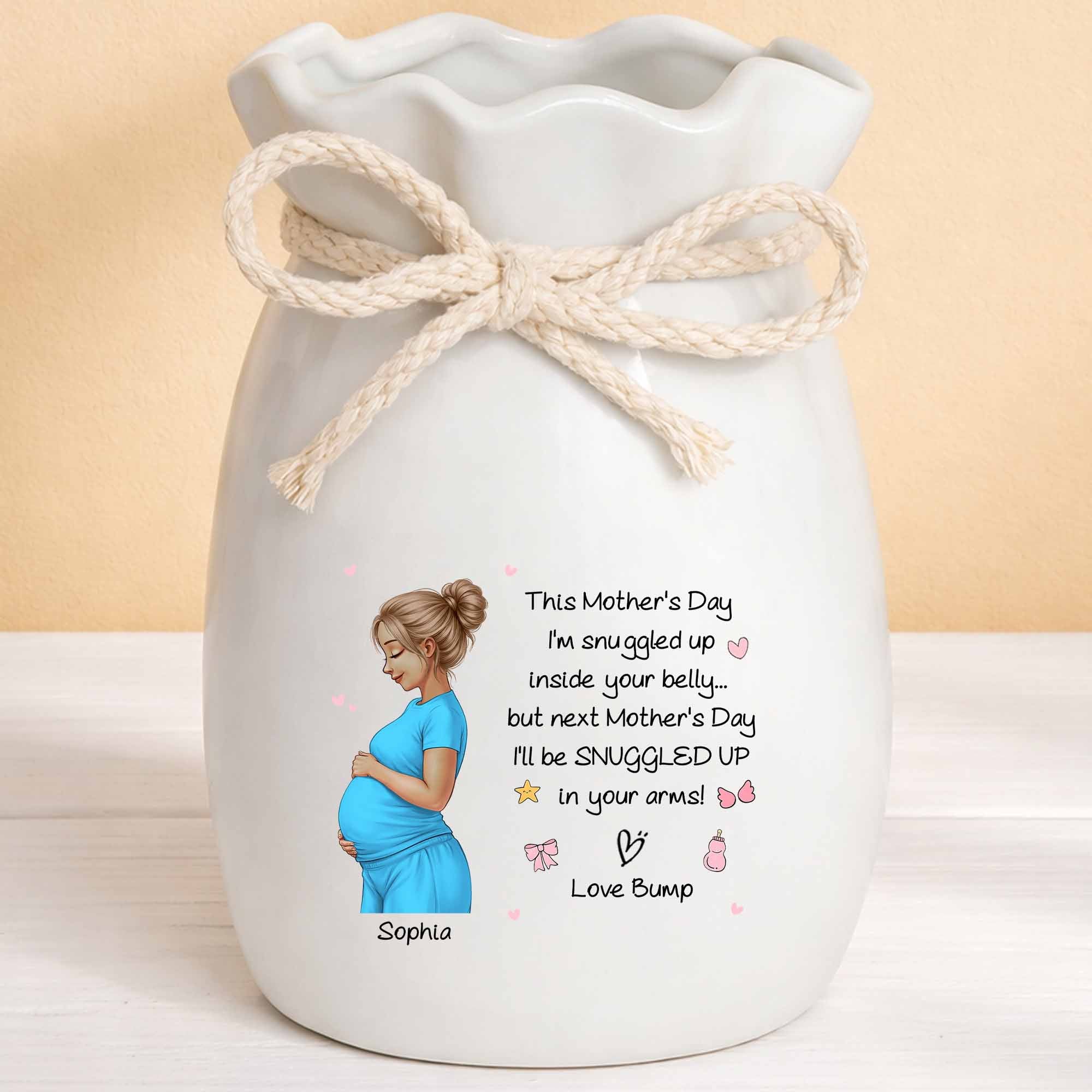Snuggled Up Inside Your Belly Pregnant Woman Ribbon Flower Vase - Personalized Ribbon Tie Flower Vase