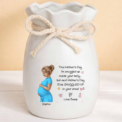 Snuggled Up Inside Your Belly Pregnant Woman Ribbon Flower Vase - Personalized Ribbon Tie Flower Vase