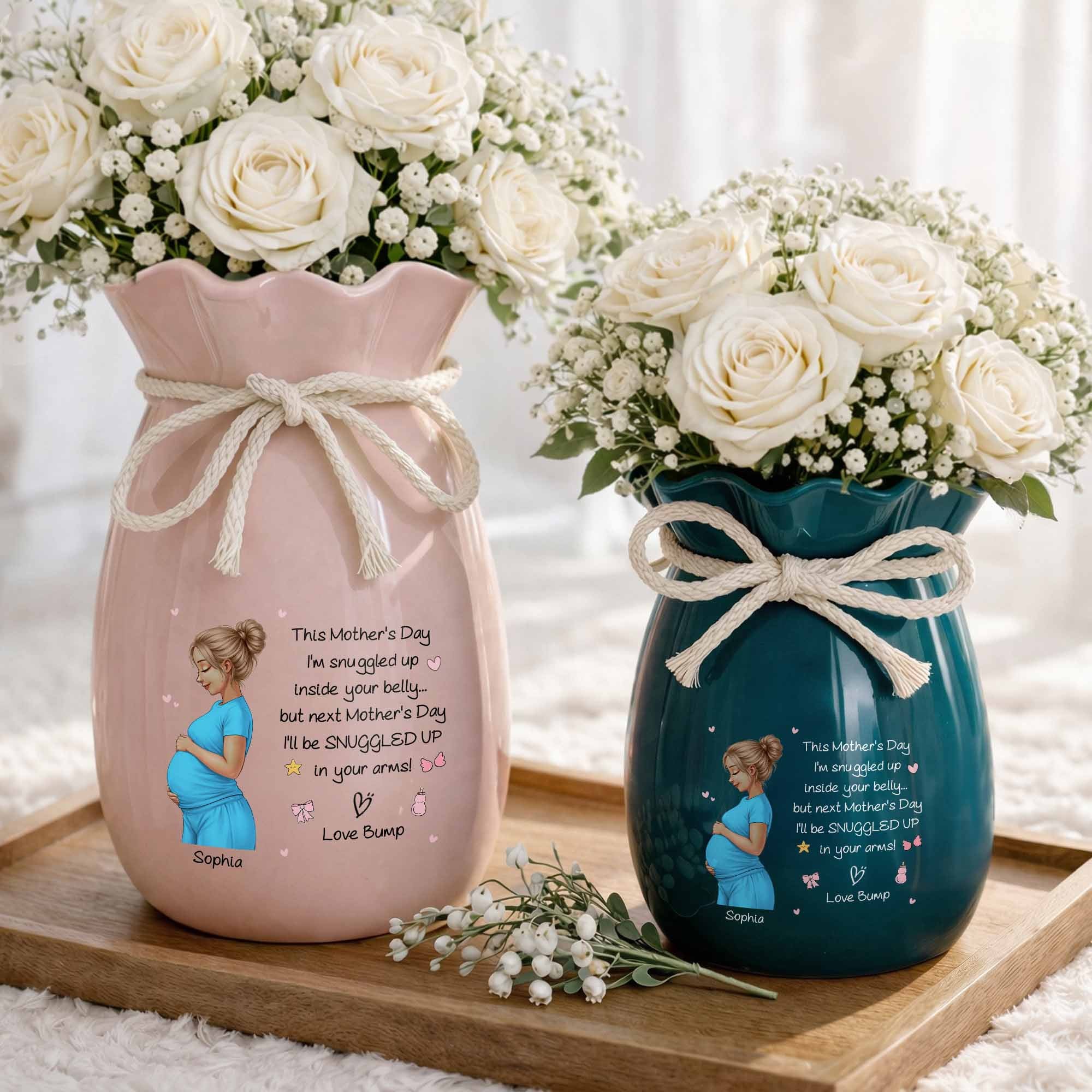 Snuggled Up Inside Your Belly Pregnant Woman Ribbon Flower Vase - Personalized Ribbon Tie Flower Vase