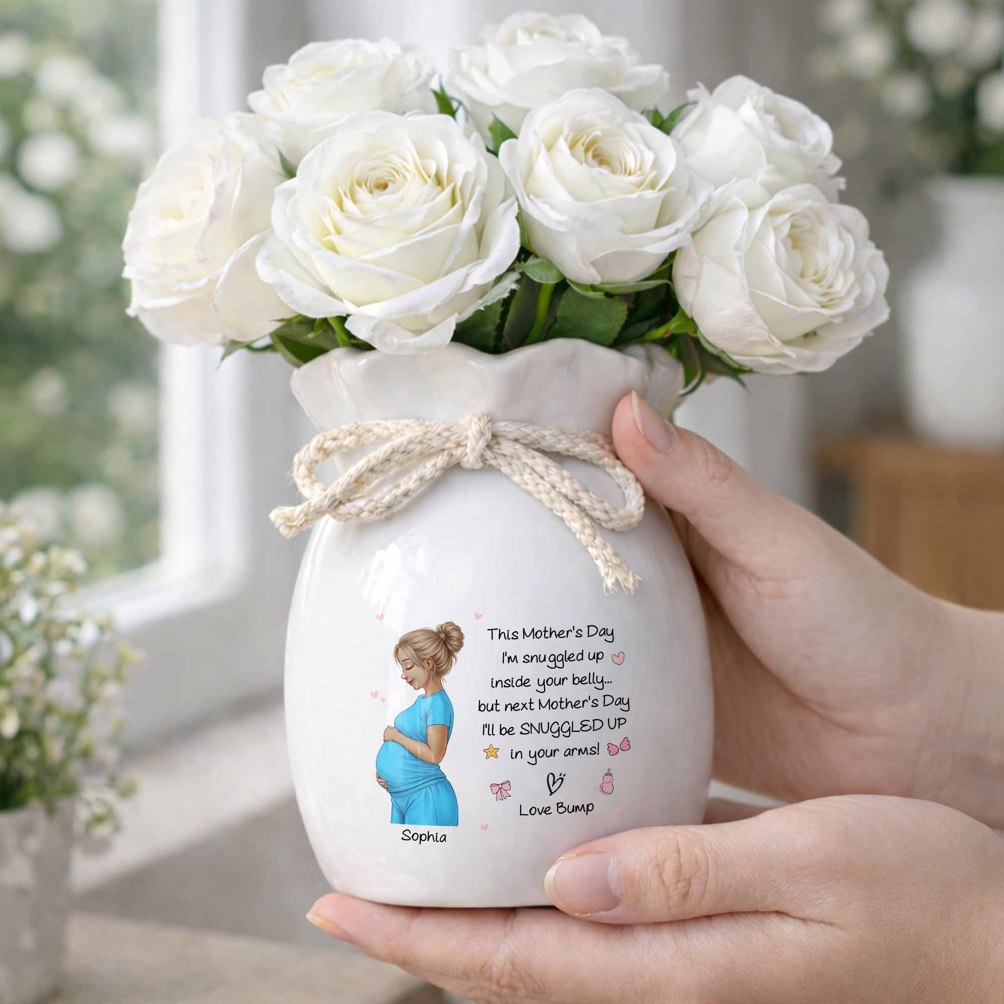 Snuggled Up Inside Your Belly Pregnant Woman Ribbon Flower Vase - Personalized Ribbon Tie Flower Vase