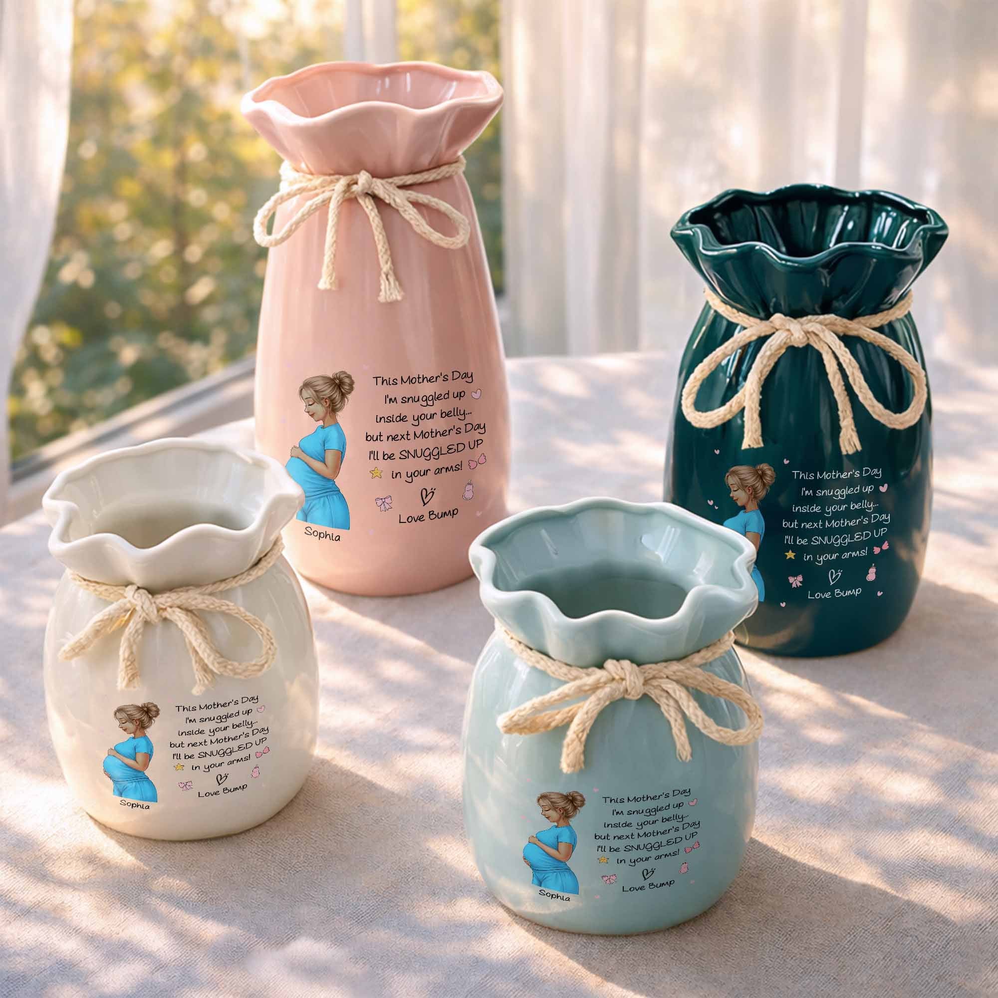 Snuggled Up Inside Your Belly Pregnant Woman Ribbon Flower Vase - Personalized Ribbon Tie Flower Vase