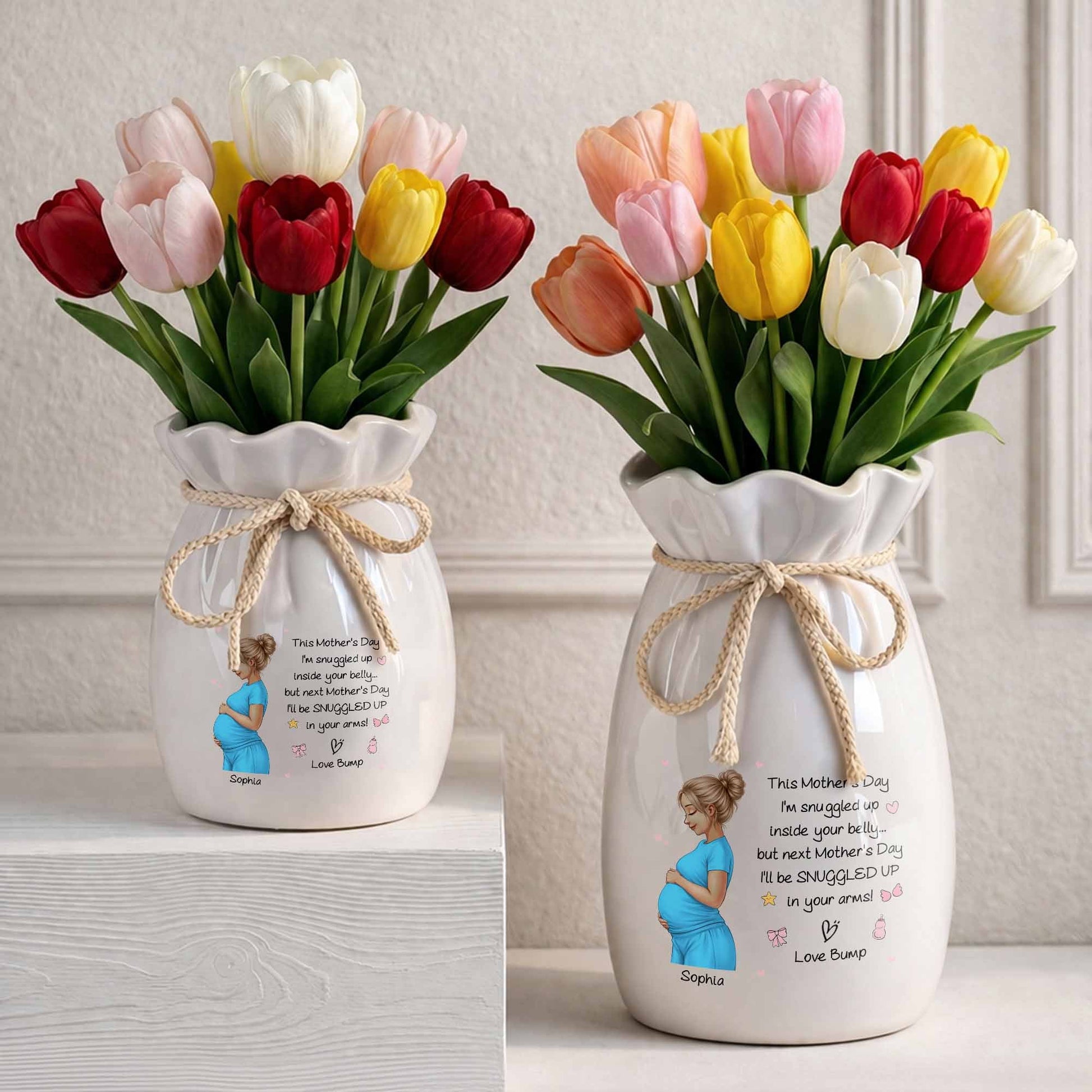 Snuggled Up Inside Your Belly Pregnant Woman Ribbon Flower Vase - Personalized Ribbon Tie Flower Vase
