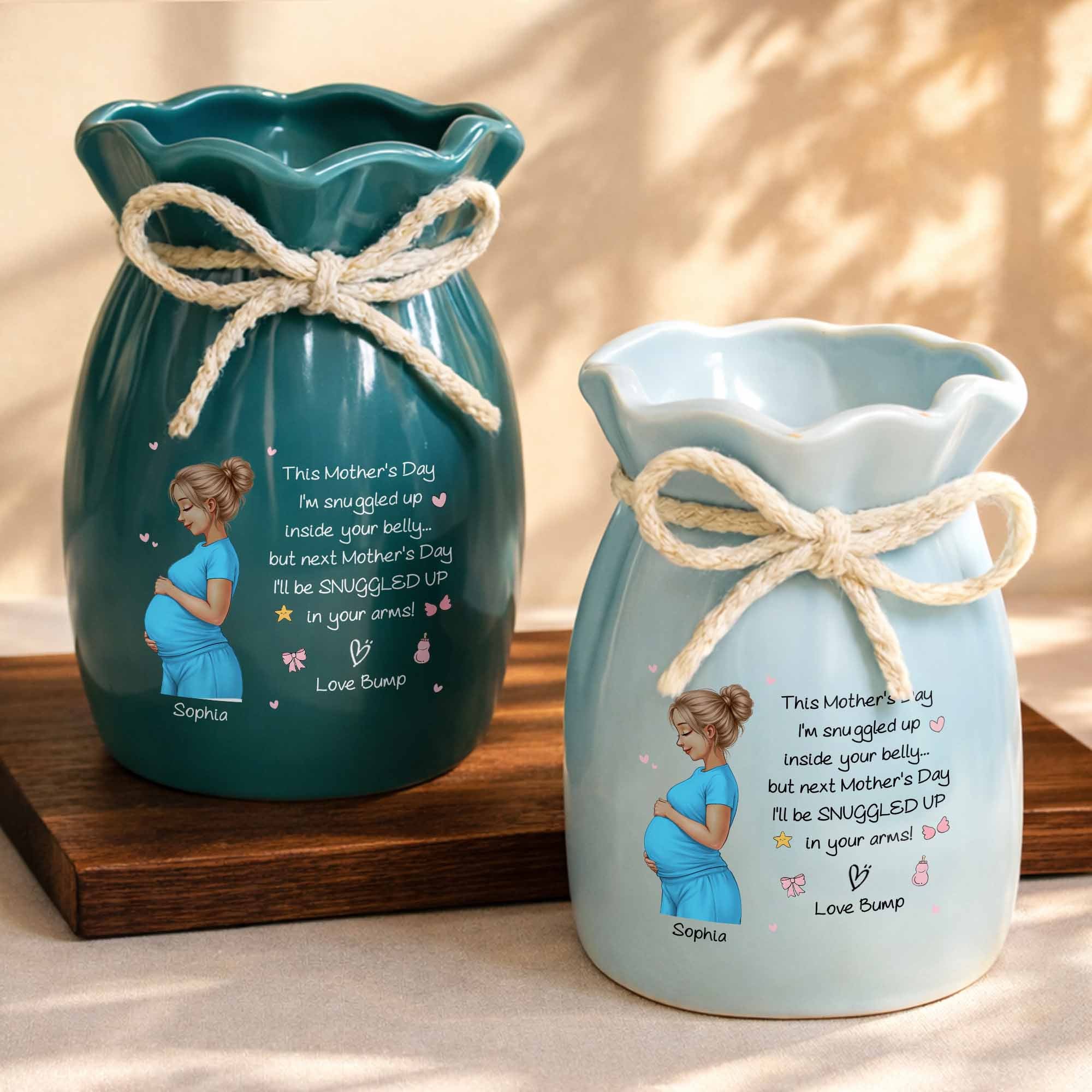 Snuggled Up Inside Your Belly Pregnant Woman Ribbon Flower Vase - Personalized Ribbon Tie Flower Vase