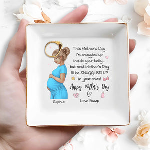This Mother's Day I'm Snuggled Up Inside Your Belly Pregnant Woman - Personalized Custom Jewelry Dish, Square Ceramic Dish - MOM259_SCRD