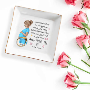This Mother's Day I'm Snuggled Up Inside Your Belly Pregnant Woman - Personalized Custom Jewelry Dish, Square Ceramic Dish - MOM259_SCRD