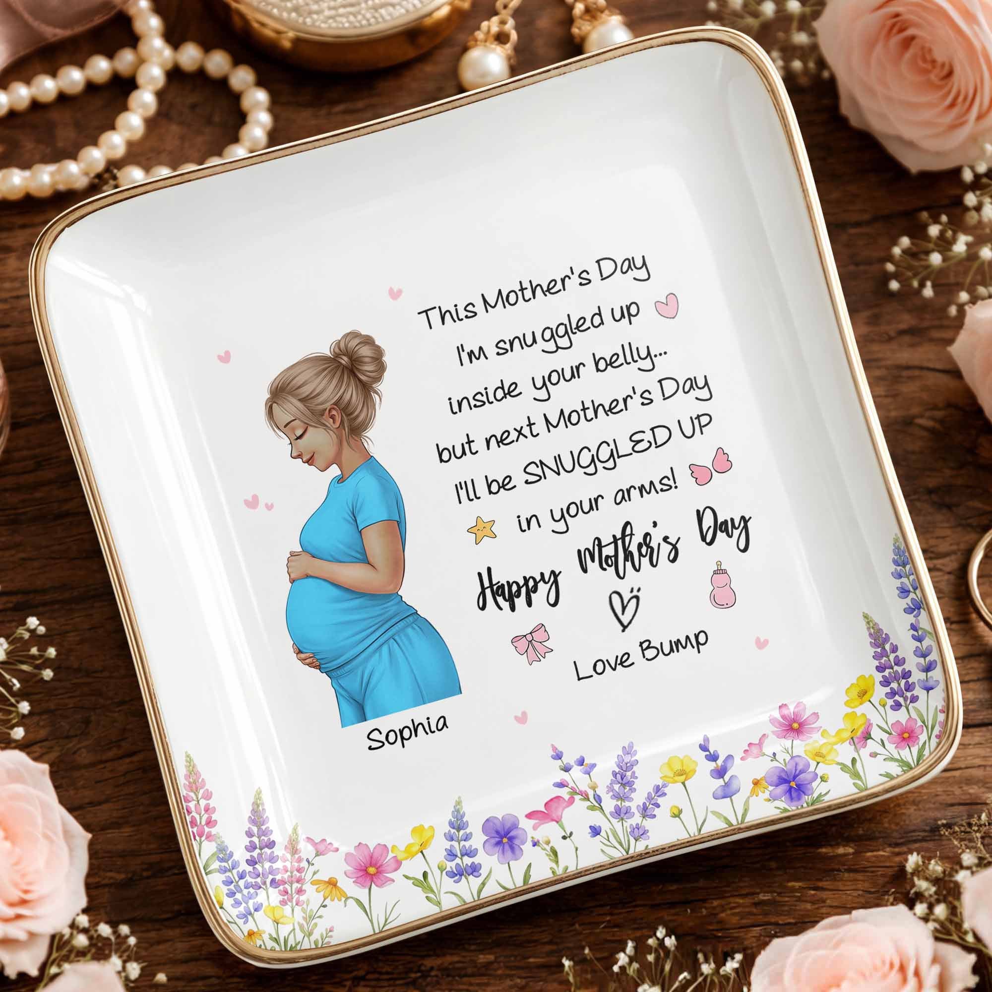 This Mother's Day I'm Snuggled Up Pregnant Woman and Flowers - Personalized Custom Jewelry Dish, Ceramic Dish, Square Shape - MOM259_SCRF