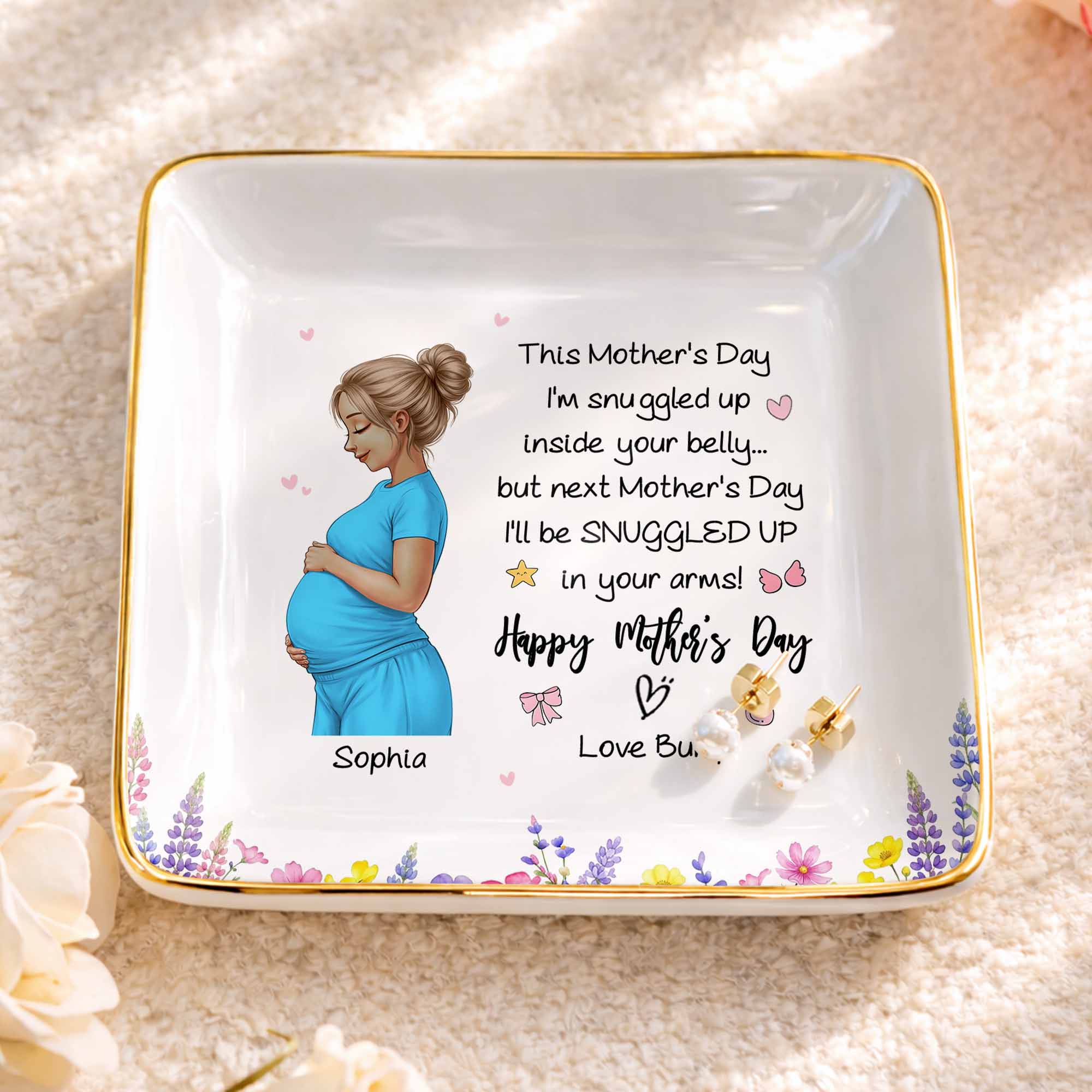 This Mother's Day I'm Snuggled Up Pregnant Woman and Flowers - Personalized Custom Jewelry Dish, Ceramic Dish, Square Shape - MOM259_SCRF