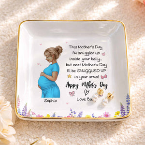 This Mother's Day I'm Snuggled Up Pregnant Woman and Flowers - Personalized Custom Jewelry Dish, Ceramic Dish, Square Shape - MOM259_SCRF