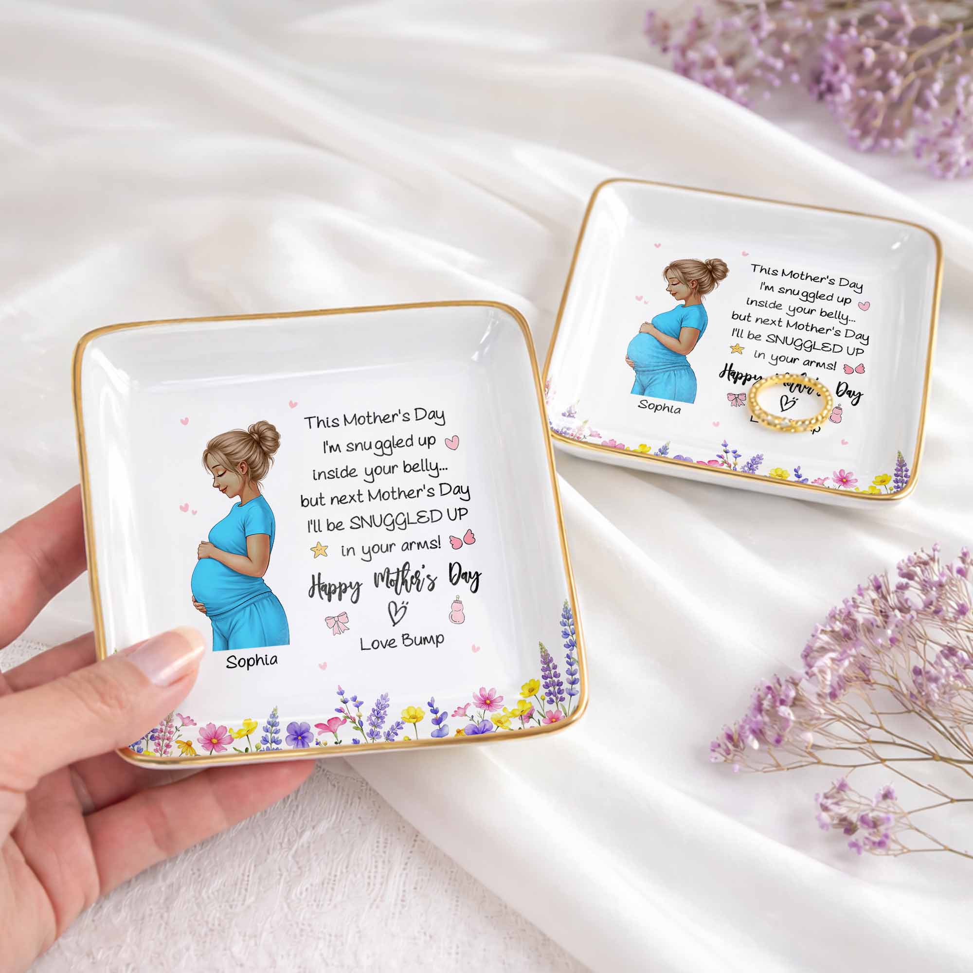 This Mother's Day I'm Snuggled Up Pregnant Woman and Flowers - Personalized Custom Jewelry Dish, Ceramic Dish, Square Shape - MOM259_SCRF