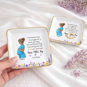 This Mother's Day I'm Snuggled Up Pregnant Woman and Flowers - Personalized Custom Jewelry Dish, Ceramic Dish, Square Shape - MOM259_SCRF