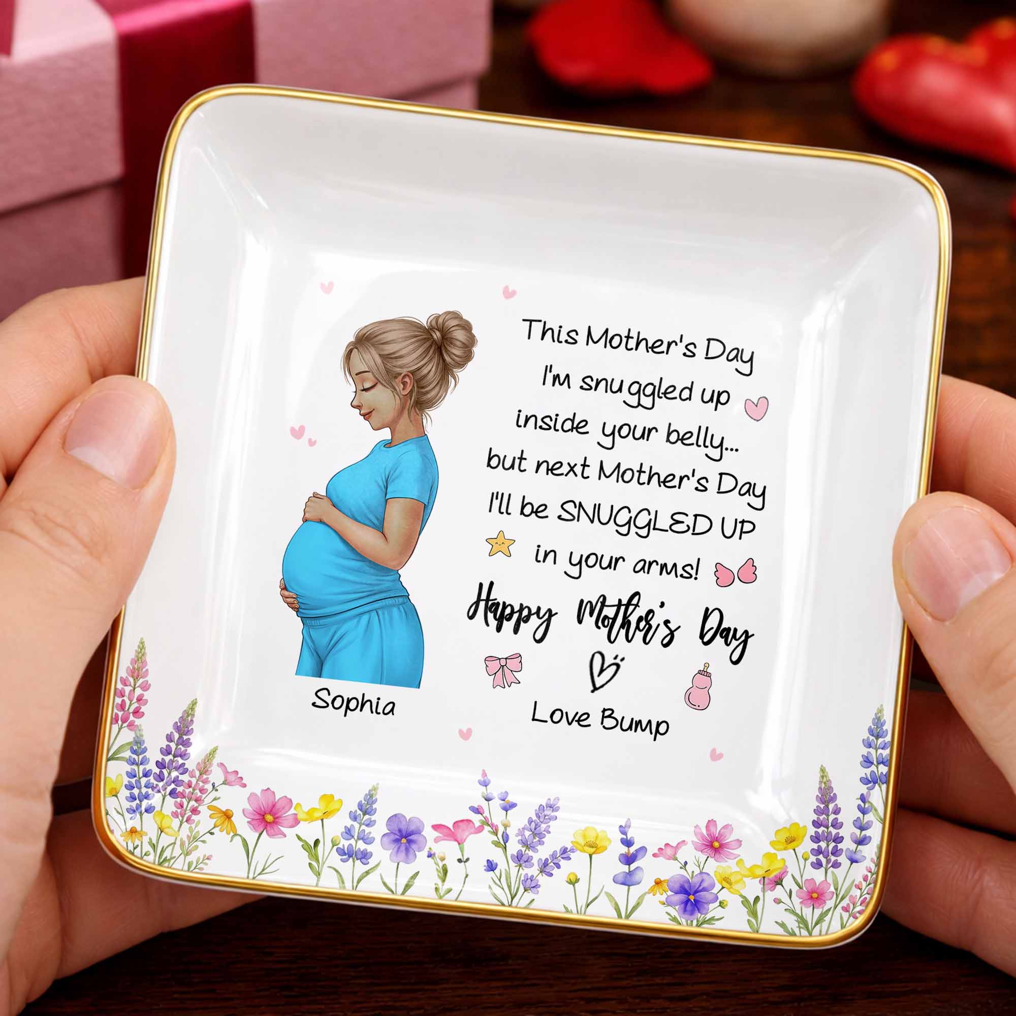 This Mother's Day I'm Snuggled Up Pregnant Woman and Flowers - Personalized Custom Jewelry Dish, Ceramic Dish, Square Shape - MOM259_SCRF