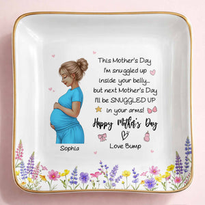 This Mother's Day I'm Snuggled Up Pregnant Woman and Flowers - Personalized Custom Jewelry Dish, Ceramic Dish, Square Shape - MOM259_SCRF