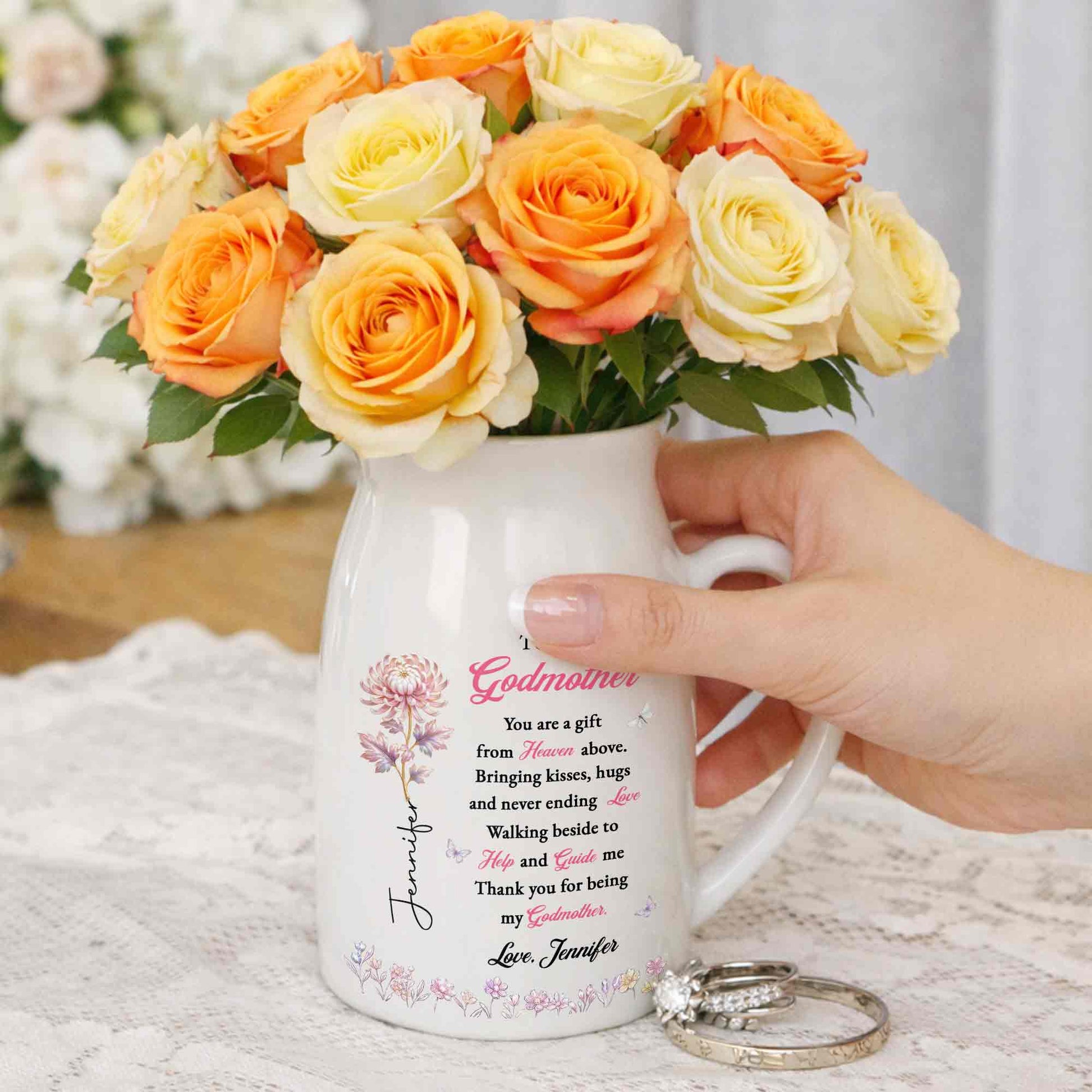 To My Godmother You Are A Gift Heaven Above Birth Month Flowers - Personalized Ceramic Flower Vase