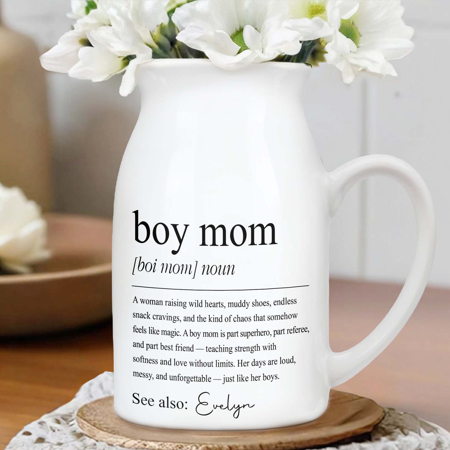 Boy Mom Dictionary Definition With Custom Name - Personalized Ceramic Flower Vase