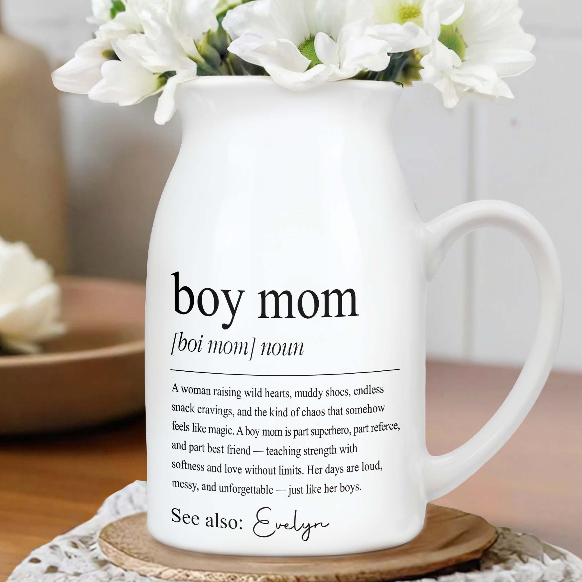 Boy Mom Dictionary Definition With Custom Name - Personalized Ceramic Flower Vase