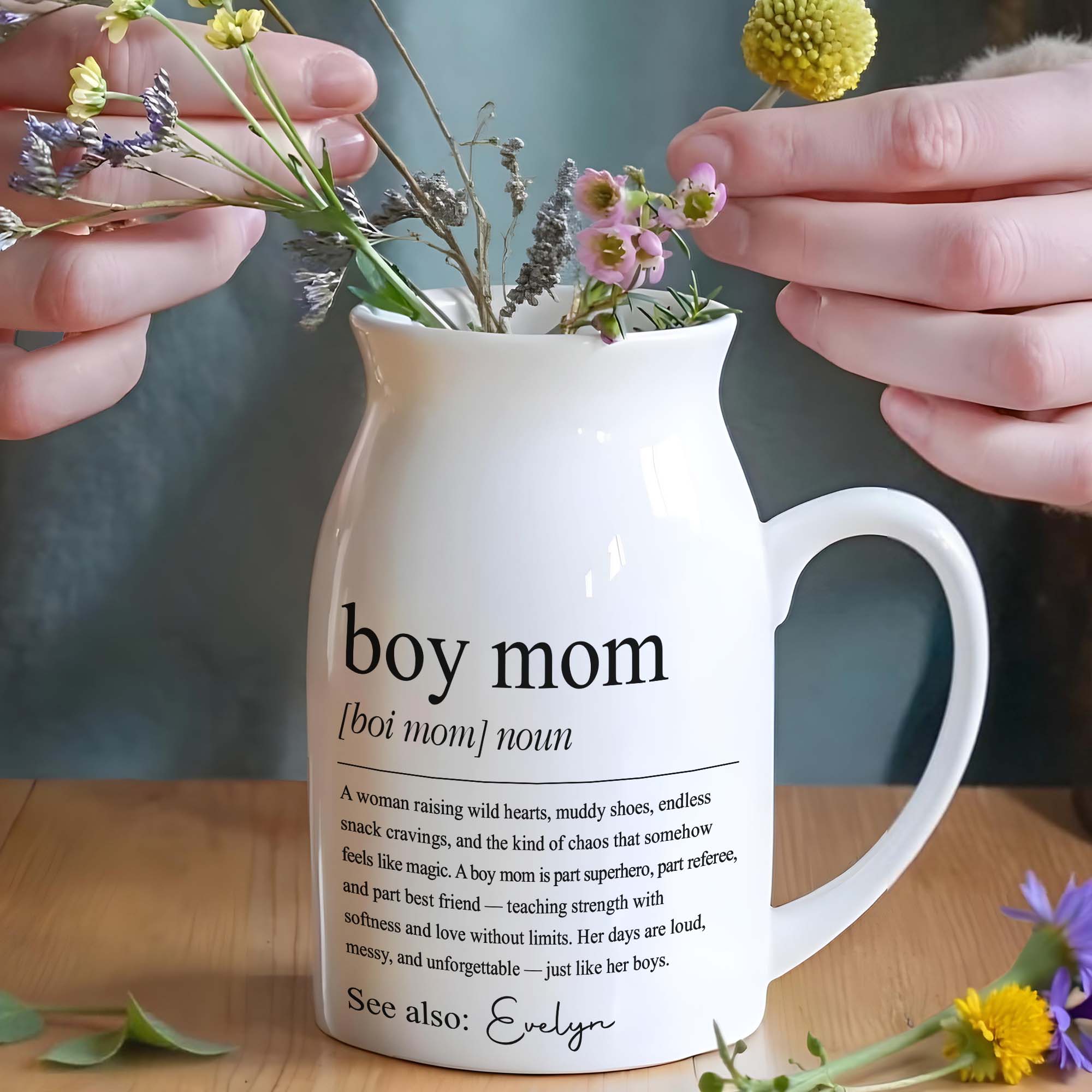 Boy Mom Dictionary Definition With Custom Name - Personalized Ceramic Flower Vase