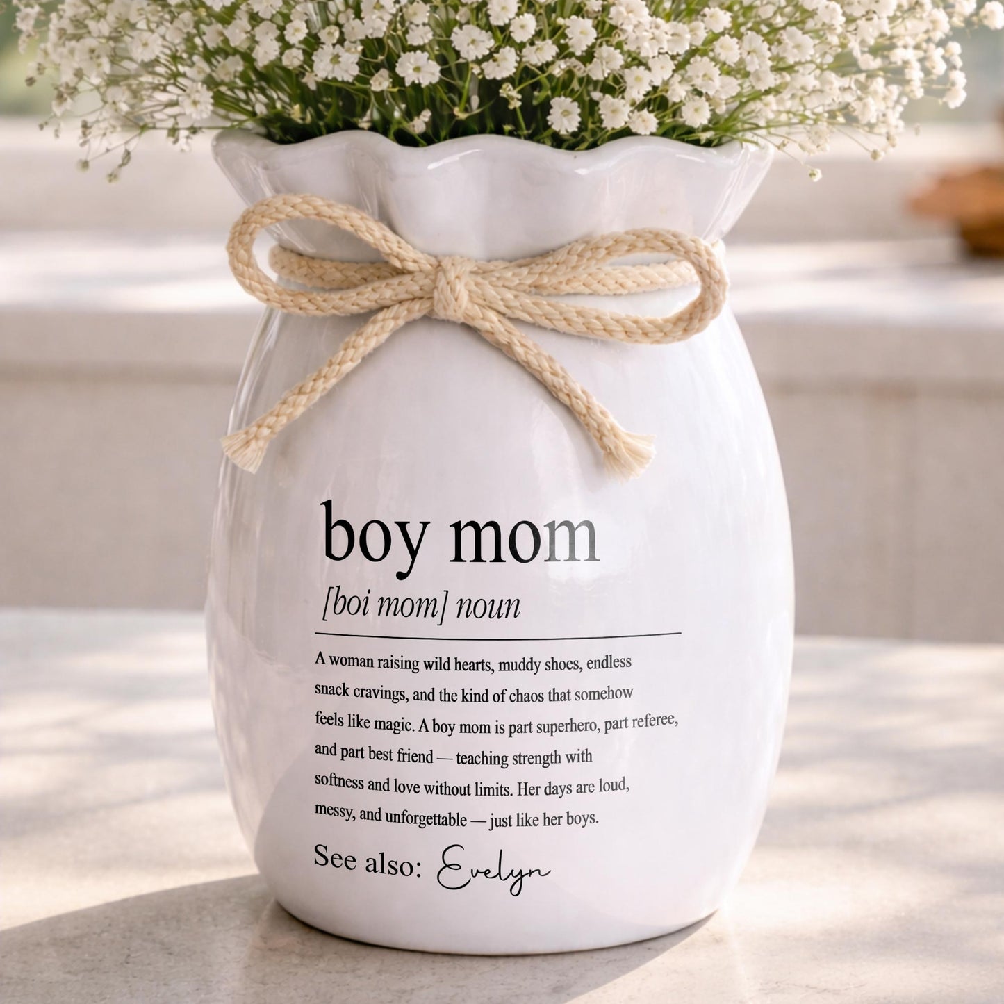 Boy Mom Definition Noun Raising Wild Hearts Ribbon Tie Vase - Personalized Ribbon Tie Flower Vase