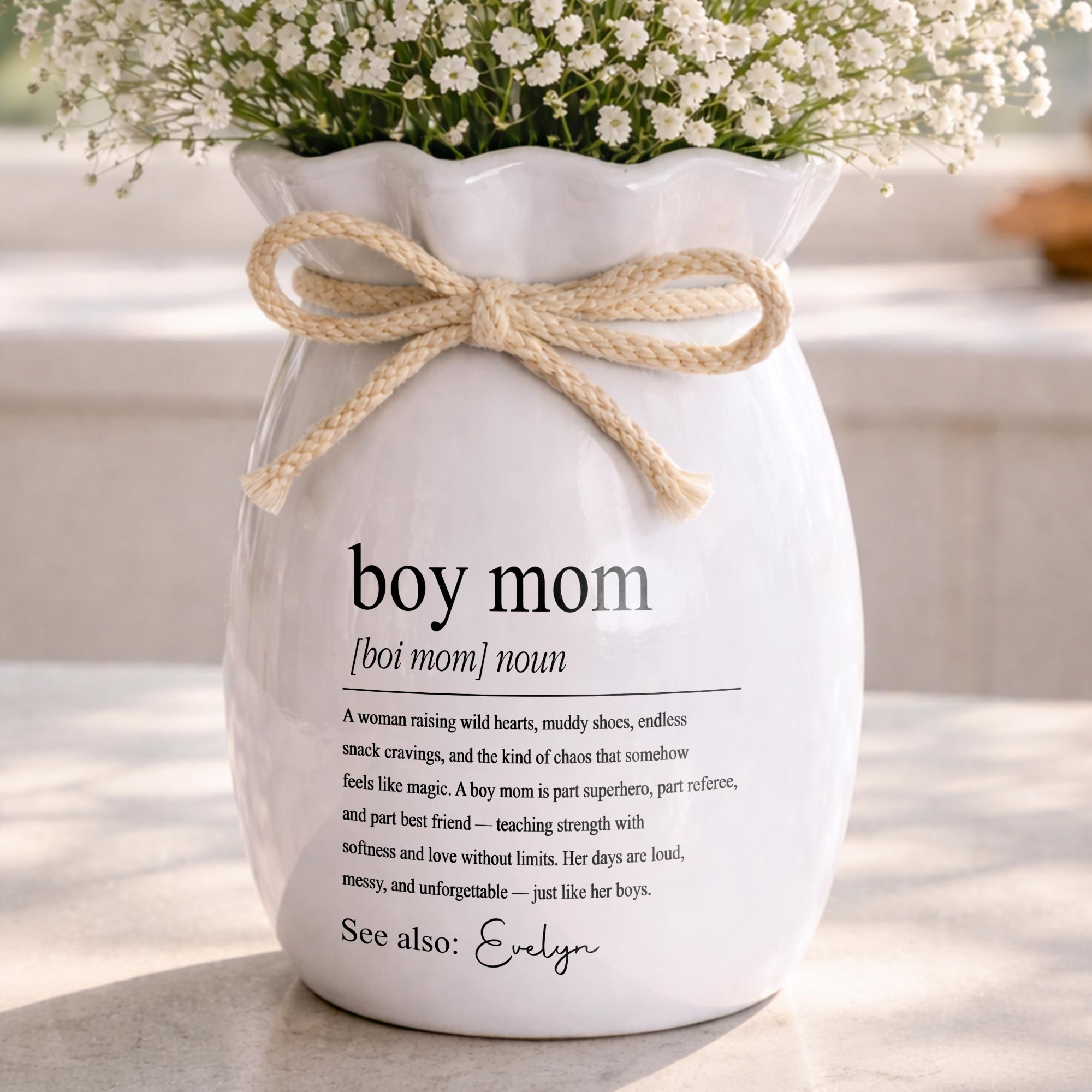 Boy Mom Definition Noun Raising Wild Hearts Ribbon Tie Vase - Personalized Ribbon Tie Flower Vase