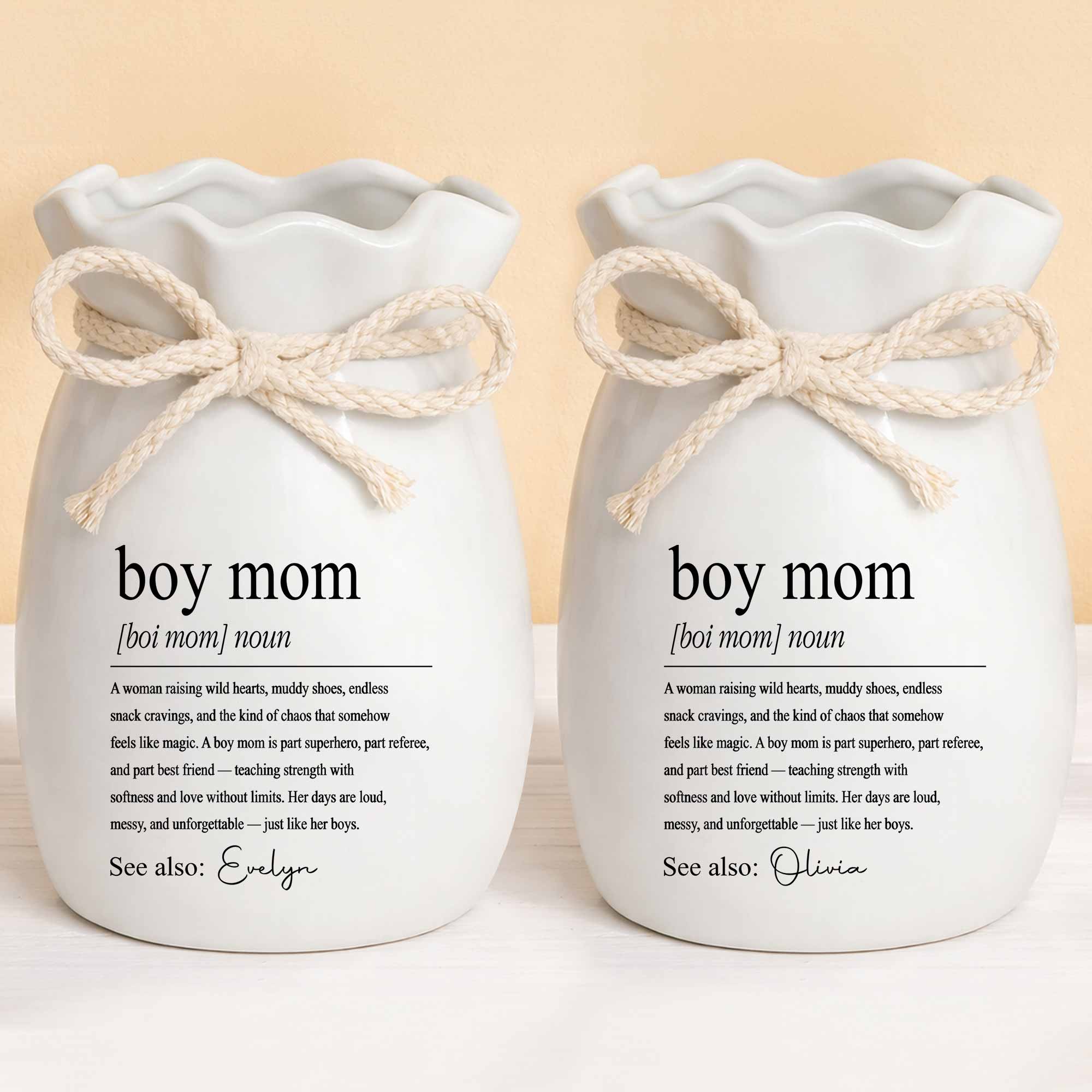 Boy Mom Definition Noun Raising Wild Hearts Ribbon Tie Vase - Personalized Ribbon Tie Flower Vase