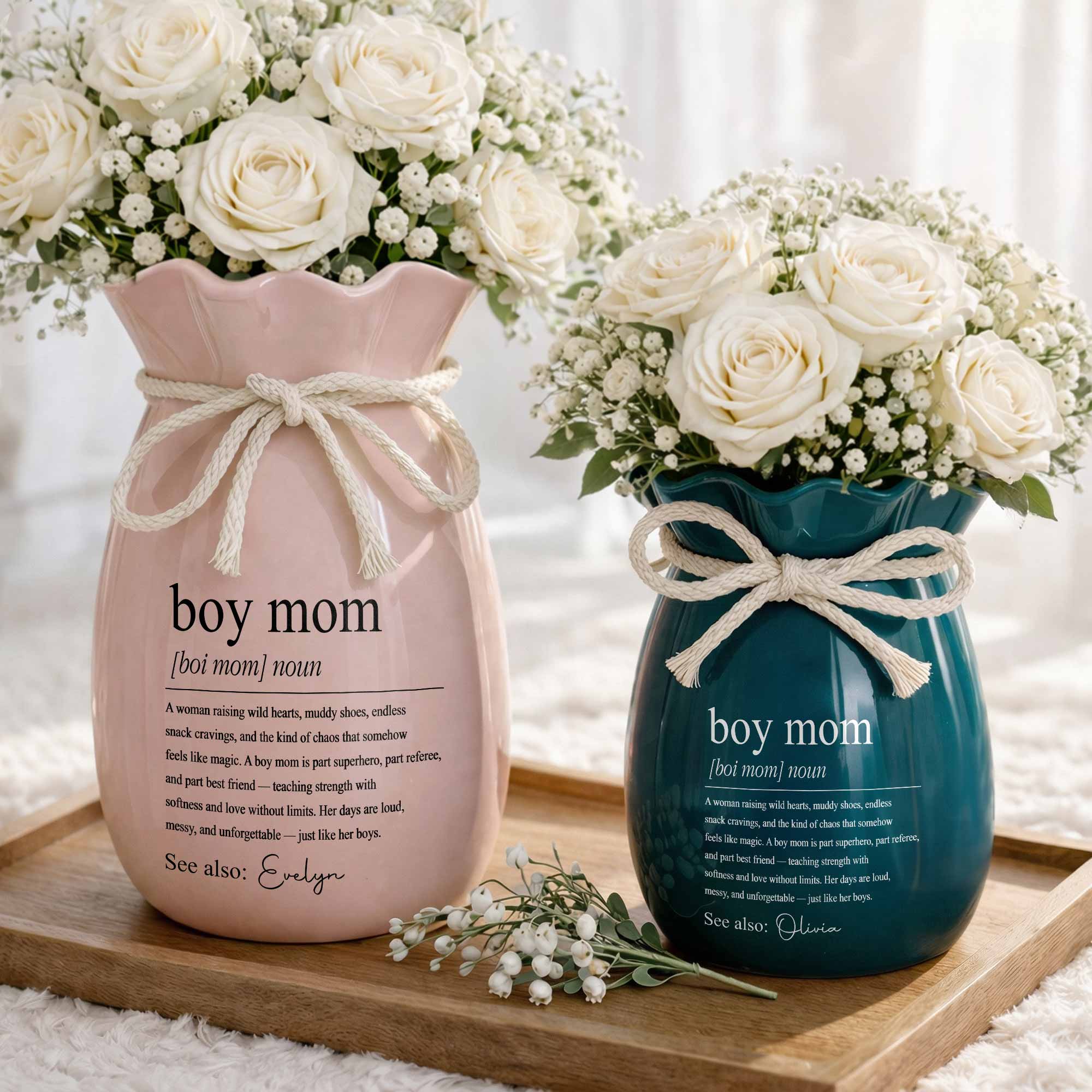 Boy Mom Definition Noun Raising Wild Hearts Ribbon Tie Vase - Personalized Ribbon Tie Flower Vase
