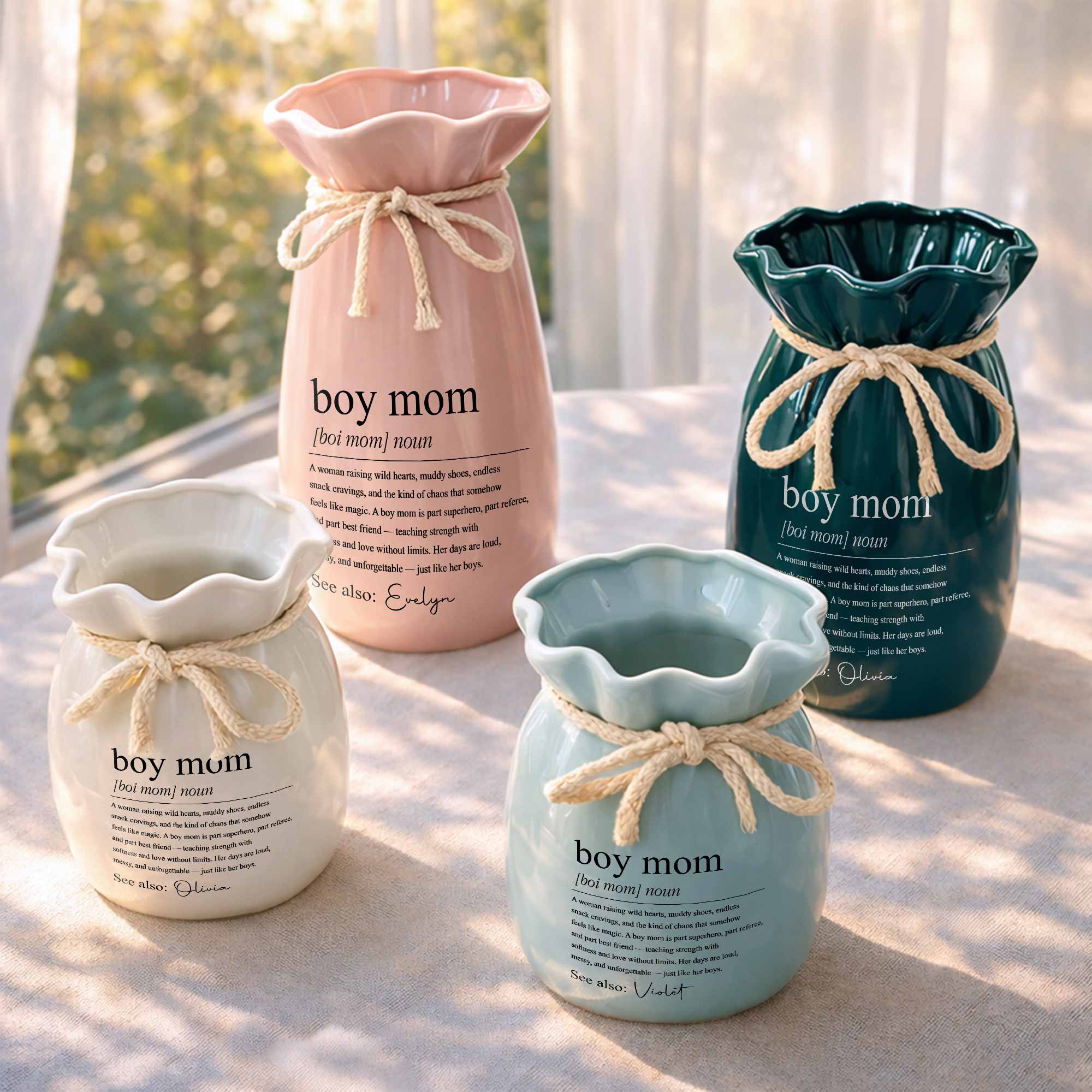 Boy Mom Definition Noun Raising Wild Hearts Ribbon Tie Vase - Personalized Ribbon Tie Flower Vase