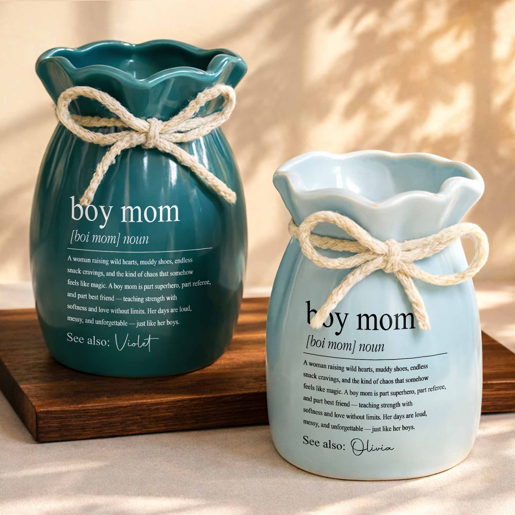 Boy Mom Definition Noun Raising Wild Hearts Ribbon Tie Vase - Personalized Ribbon Tie Flower Vase