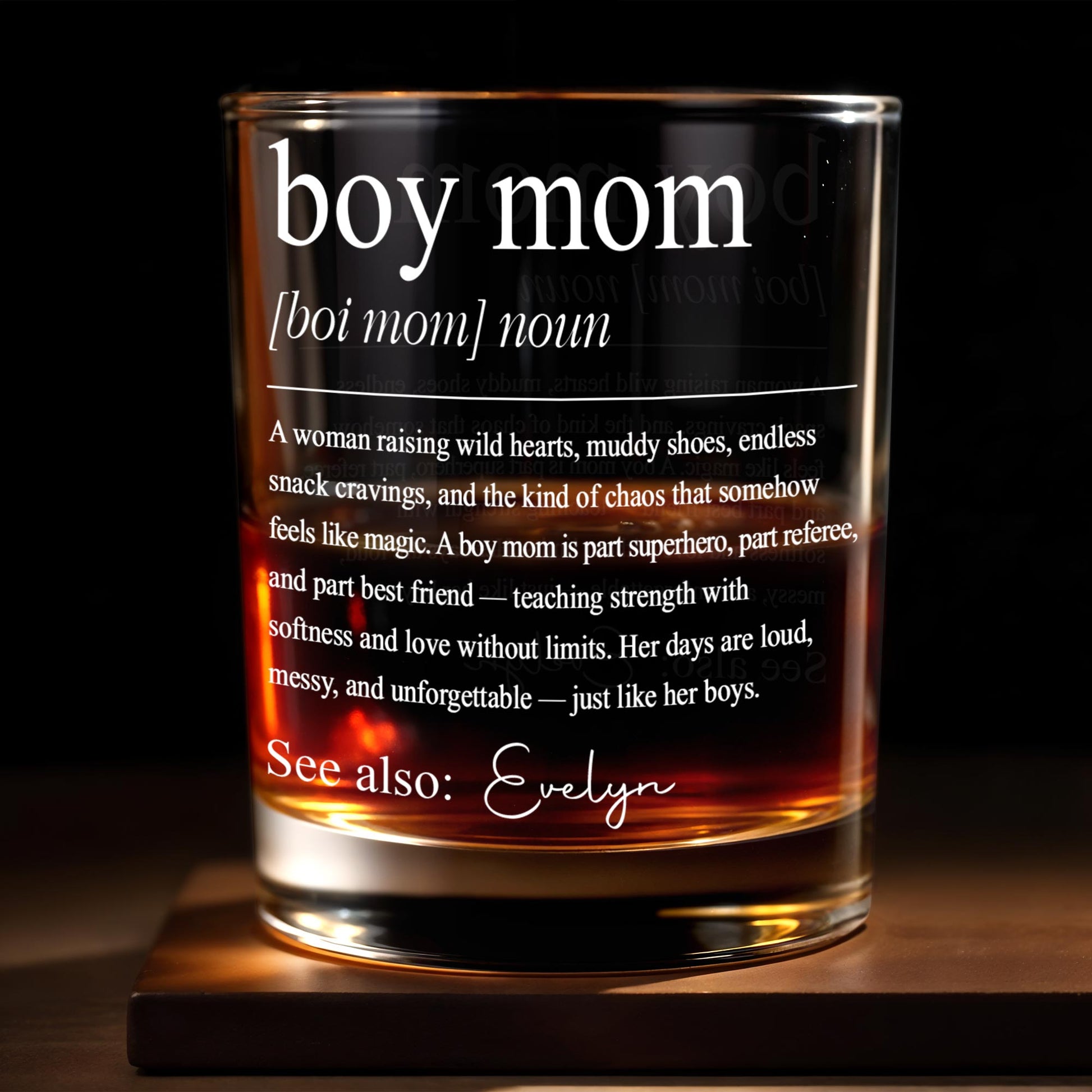 Boy Mom Definition Raising Wild Hearts And Muddy Shoes Typography Design - Personalized Custom Whiskey Glass - MOM295_RWG