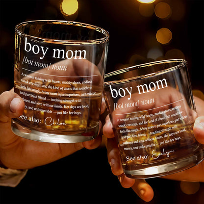 Boy Mom Definition Raising Wild Hearts And Muddy Shoes Typography Design - Personalized Custom Whiskey Glass - MOM295_RWG
