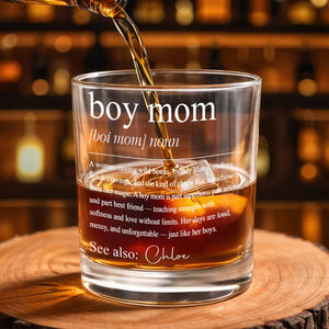 Boy Mom Definition Raising Wild Hearts And Muddy Shoes Typography Design - Personalized Custom Whiskey Glass - MOM295_RWG