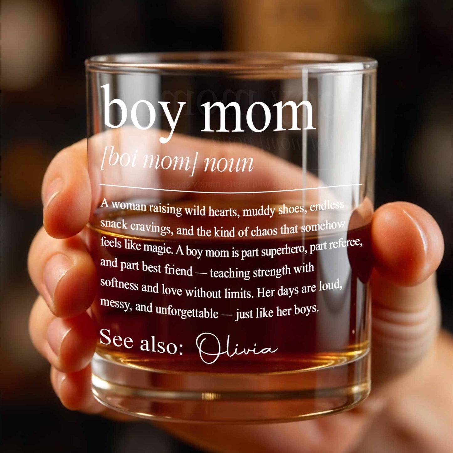 Boy Mom Definition Raising Wild Hearts And Muddy Shoes Typography Design - Personalized Custom Whiskey Glass - MOM295_RWG