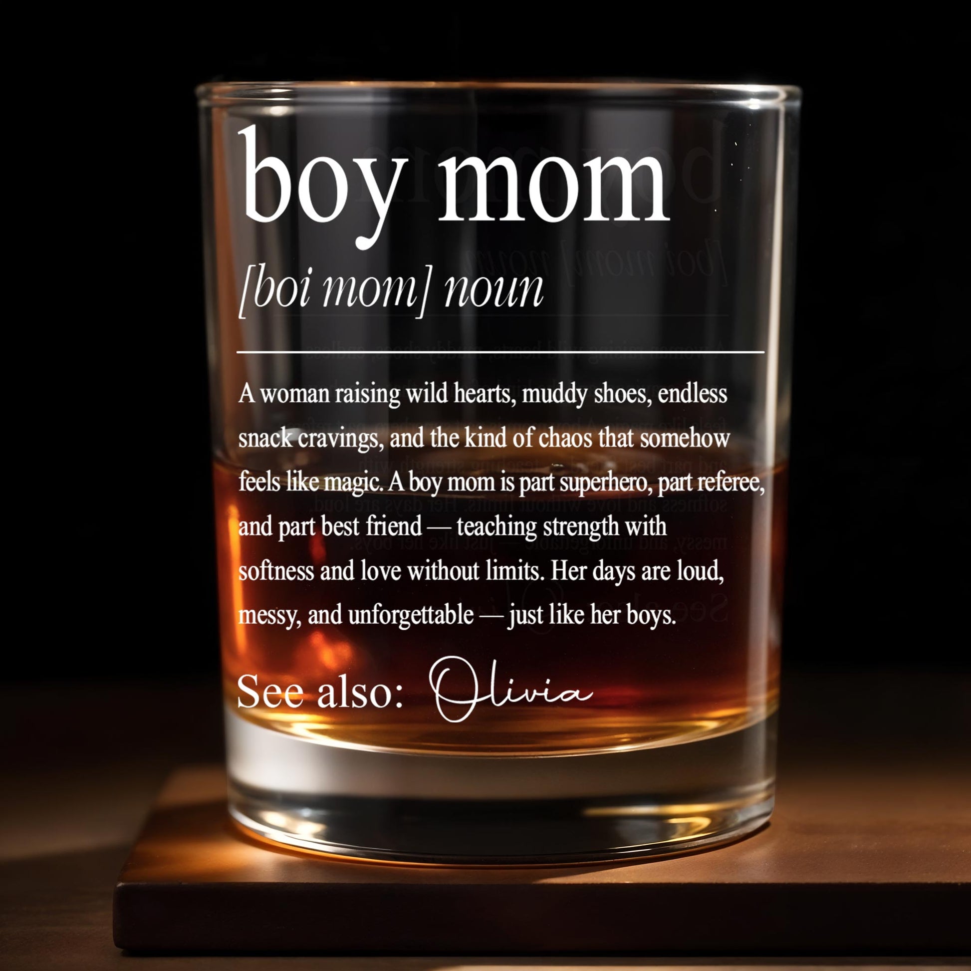 Boy Mom Definition Raising Wild Hearts And Muddy Shoes Typography Design - Personalized Custom Whiskey Glass - MOM295_RWG