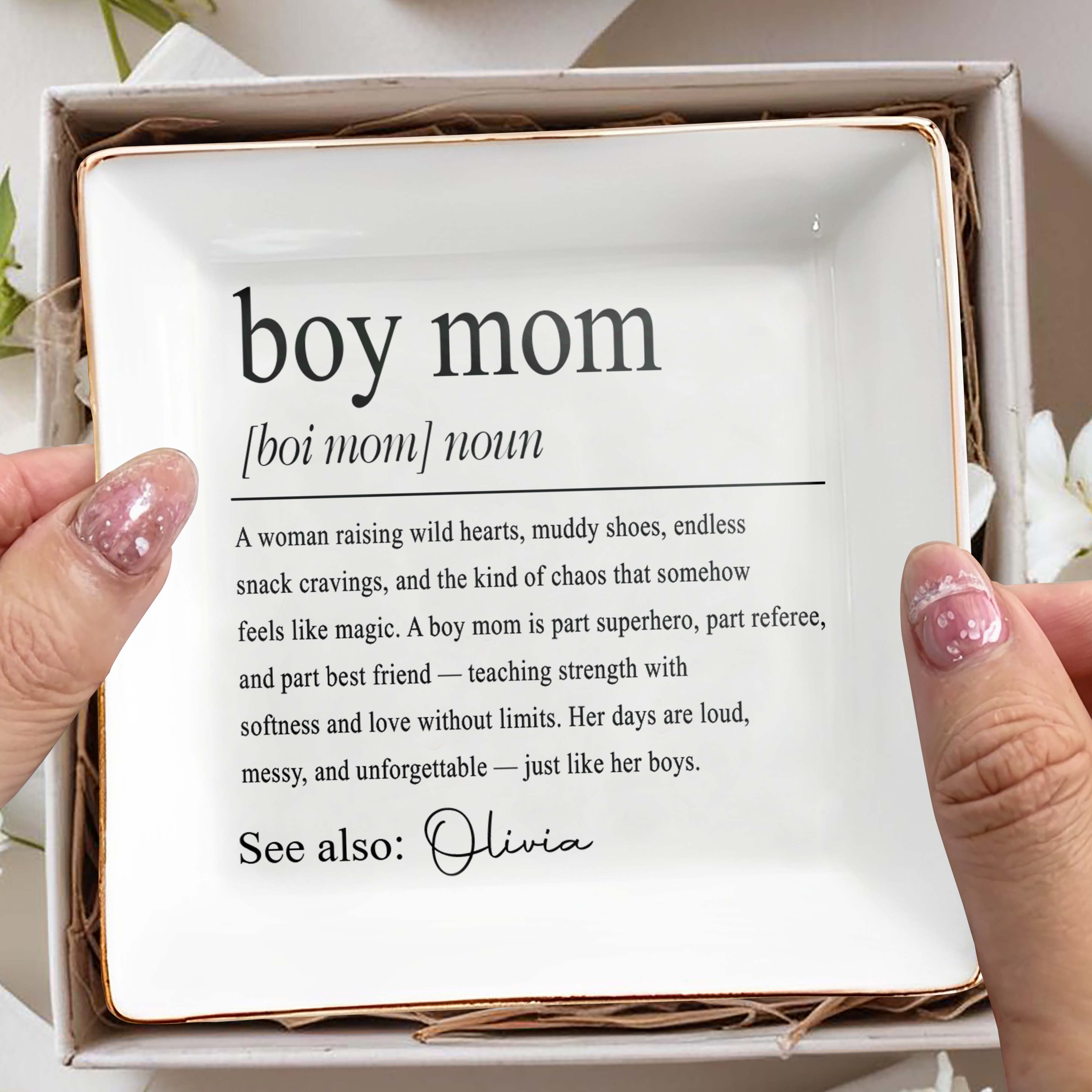 Boy Mom Definition Personalized Ceramic Dish For Her - Personalized Custom Jewelry Dish, Square Ceramic Dish - MOM295_SCRD