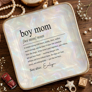 Boy Mom Noun Dictionary Definition Iridescent Marble Design - Personalized Custom Jewelry Dish, Ceramic Dish, Square Shape - MOM295_SCRF