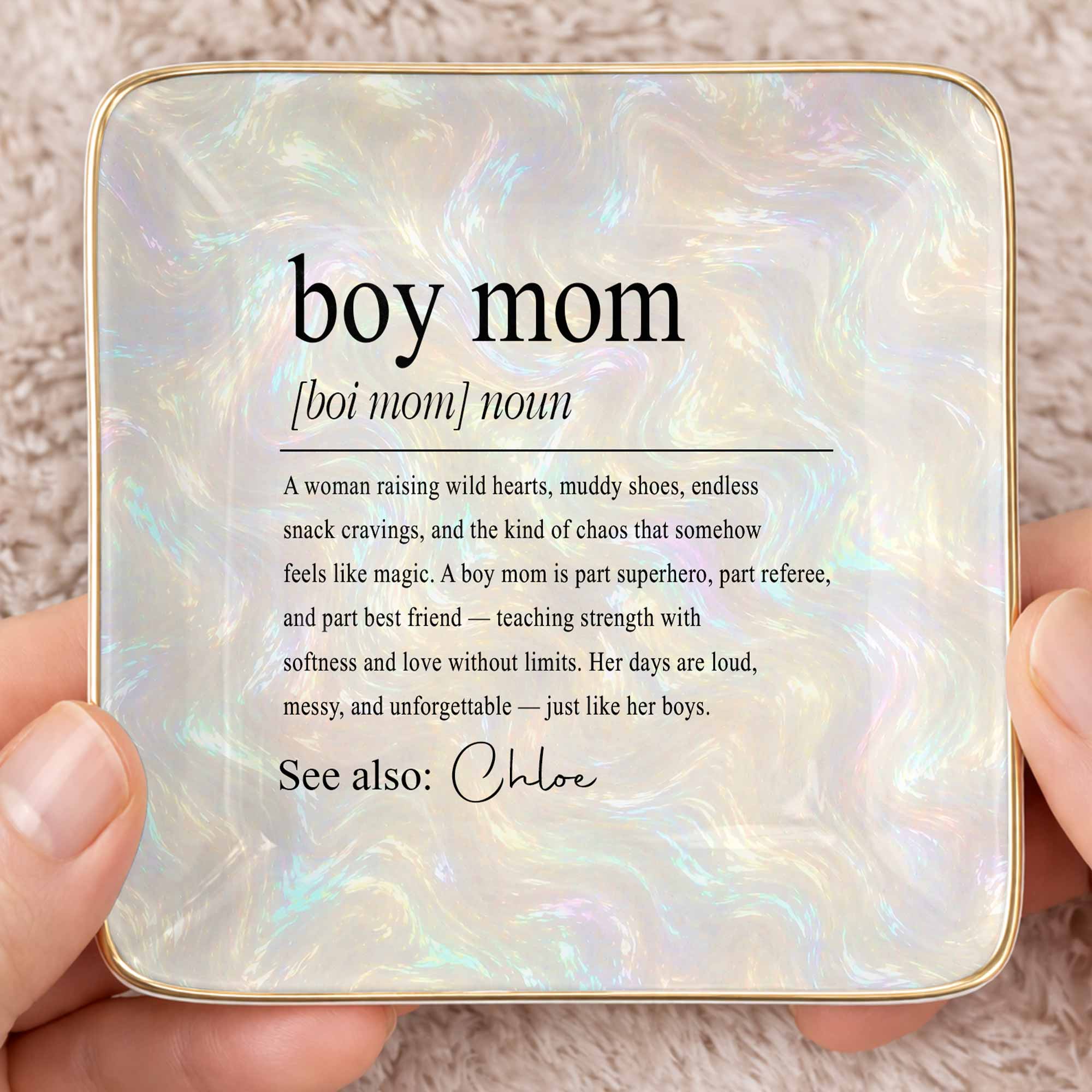 Boy Mom Noun Dictionary Definition Iridescent Marble Design - Personalized Custom Jewelry Dish, Ceramic Dish, Square Shape - MOM295_SCRF
