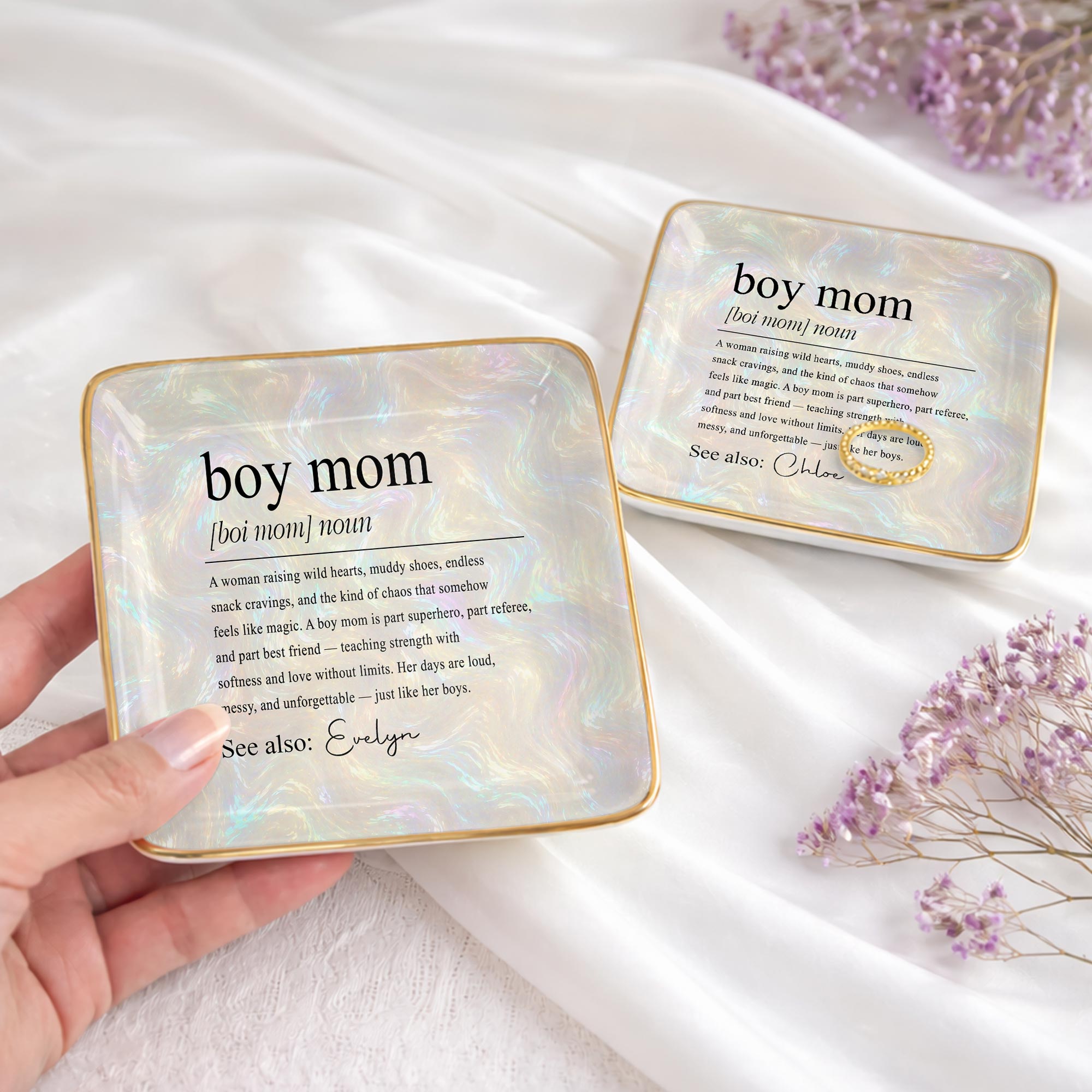 Boy Mom Noun Dictionary Definition Iridescent Marble Design - Personalized Custom Jewelry Dish, Ceramic Dish, Square Shape - MOM295_SCRF