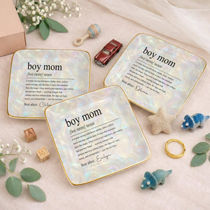 Boy Mom Noun Dictionary Definition Iridescent Marble Design - Personalized Custom Jewelry Dish, Ceramic Dish, Square Shape - MOM295_SCRF