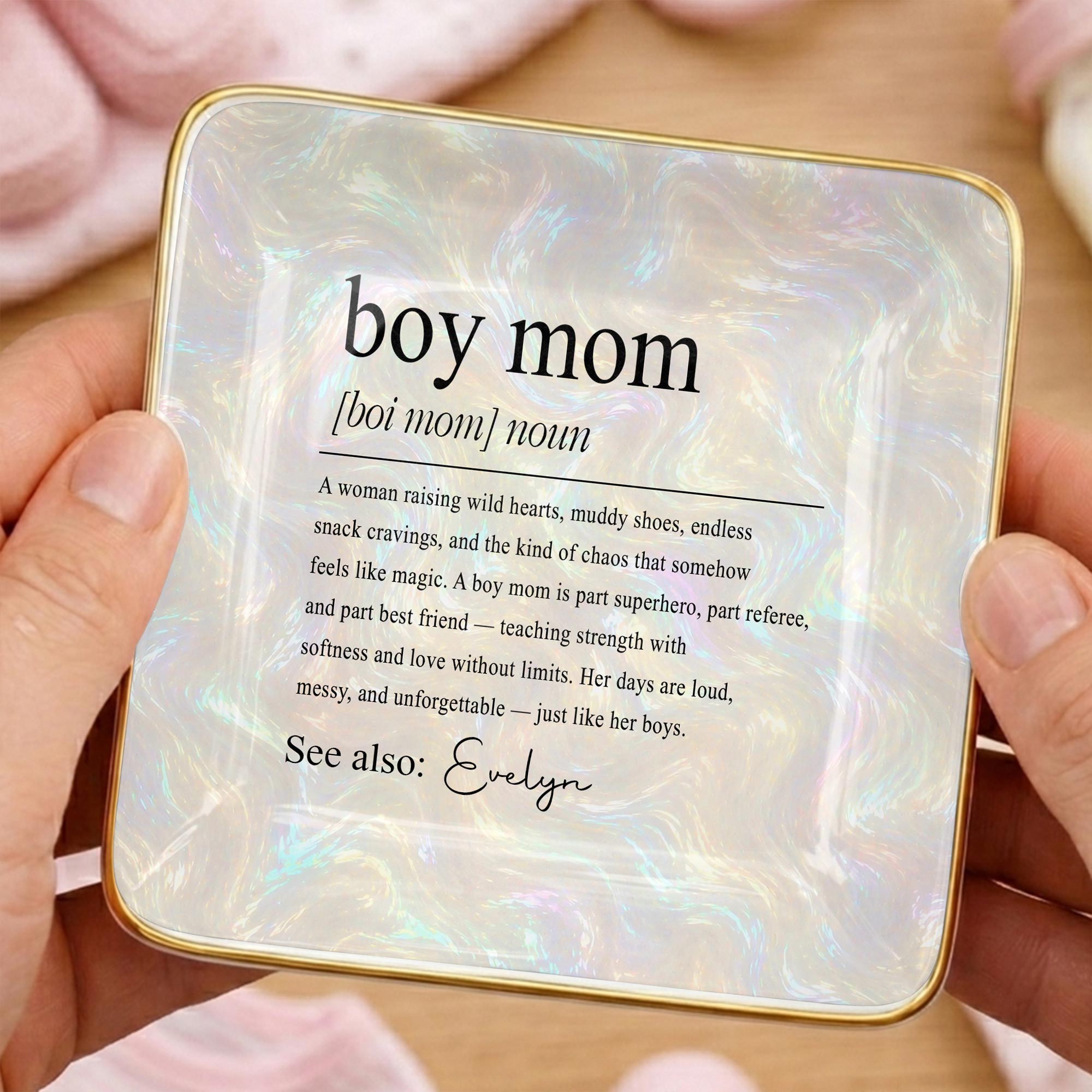 Boy Mom Noun Dictionary Definition Iridescent Marble Design - Personalized Custom Jewelry Dish, Ceramic Dish, Square Shape - MOM295_SCRF