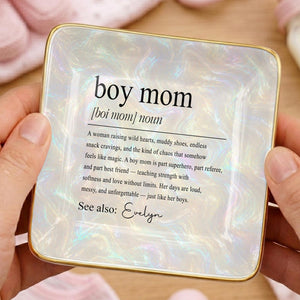 Boy Mom Noun Dictionary Definition Iridescent Marble Design - Personalized Custom Jewelry Dish, Ceramic Dish, Square Shape - MOM295_SCRF
