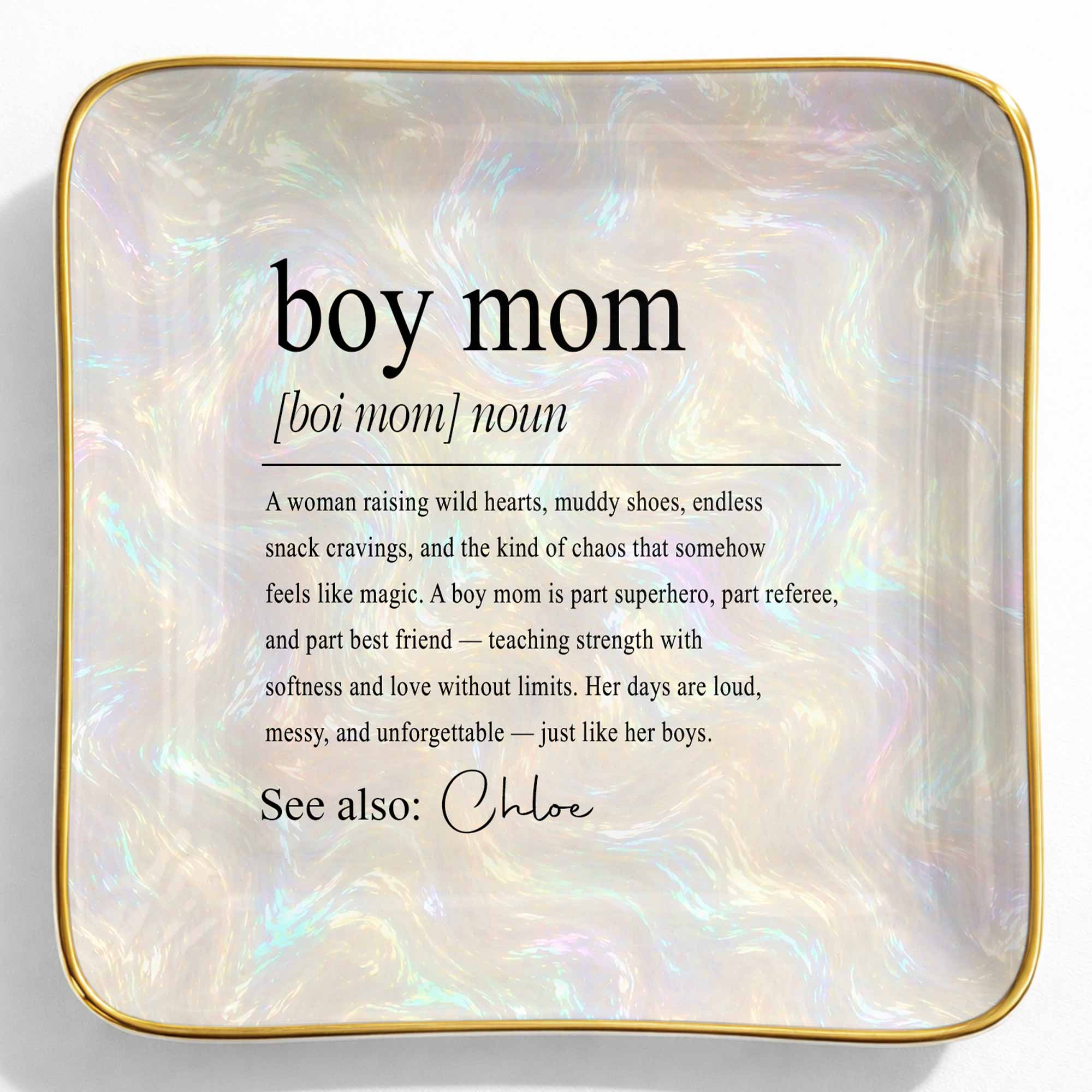 Boy Mom Noun Dictionary Definition Iridescent Marble Design - Personalized Custom Jewelry Dish, Ceramic Dish, Square Shape - MOM295_SCRF