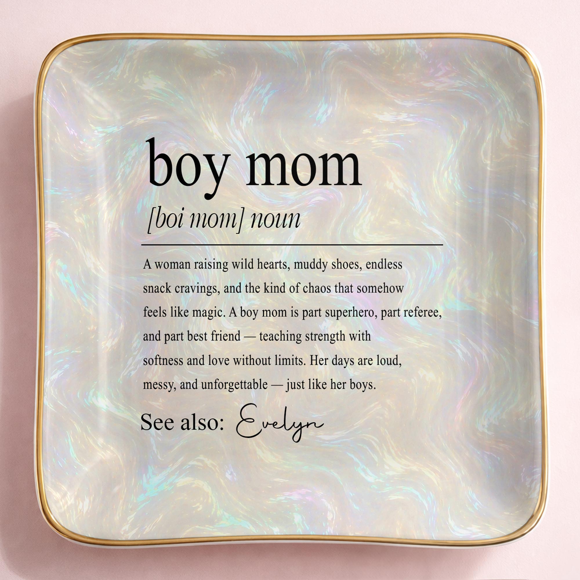 Boy Mom Noun Dictionary Definition Iridescent Marble Design - Personalized Custom Jewelry Dish, Ceramic Dish, Square Shape - MOM295_SCRF