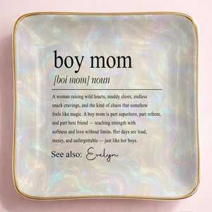 Boy Mom Noun Dictionary Definition Iridescent Marble Design - Personalized Custom Jewelry Dish, Ceramic Dish, Square Shape - MOM295_SCRF