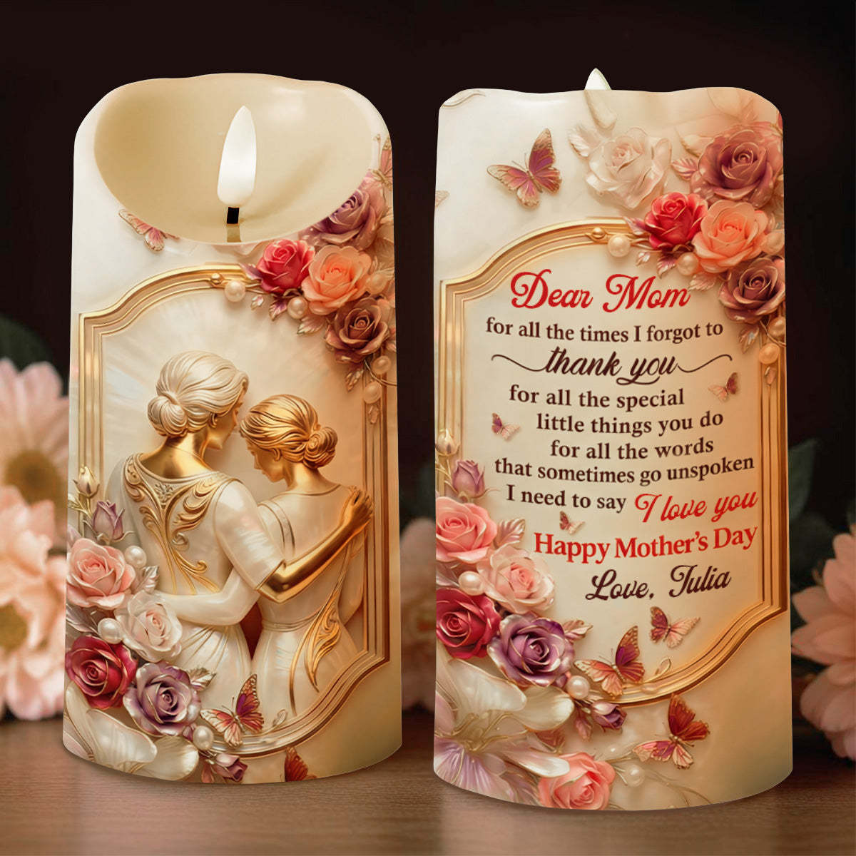 Dear Mom For All The Times Thank You Flowers And Butterflies - Personalized Custom LED Candle - MOM317_LECA