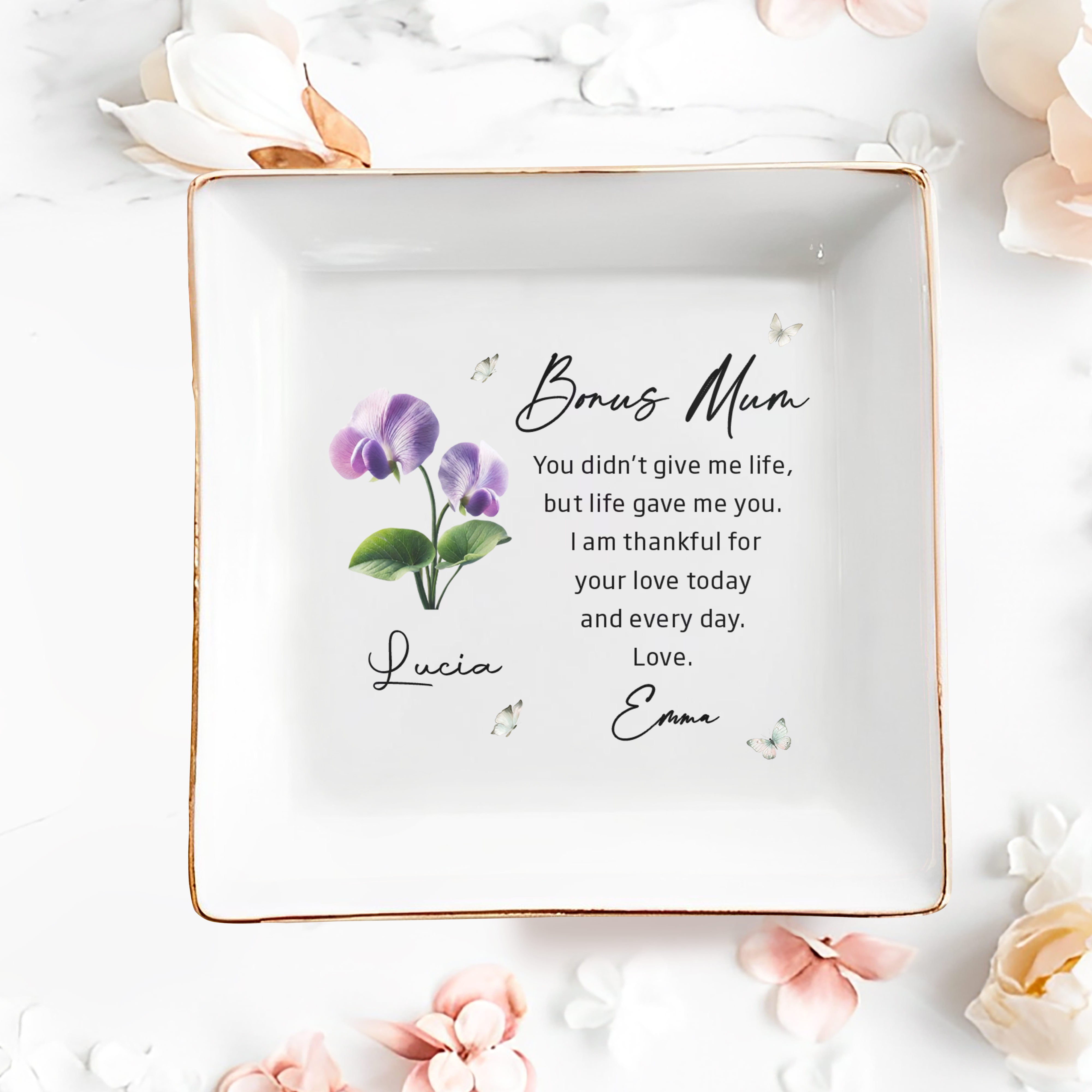 Bonus Mum Life Gave Me You With Flowers And Butterflies - Personalized Custom Jewelry Dish, Square Ceramic Dish - MOM318_SCRD