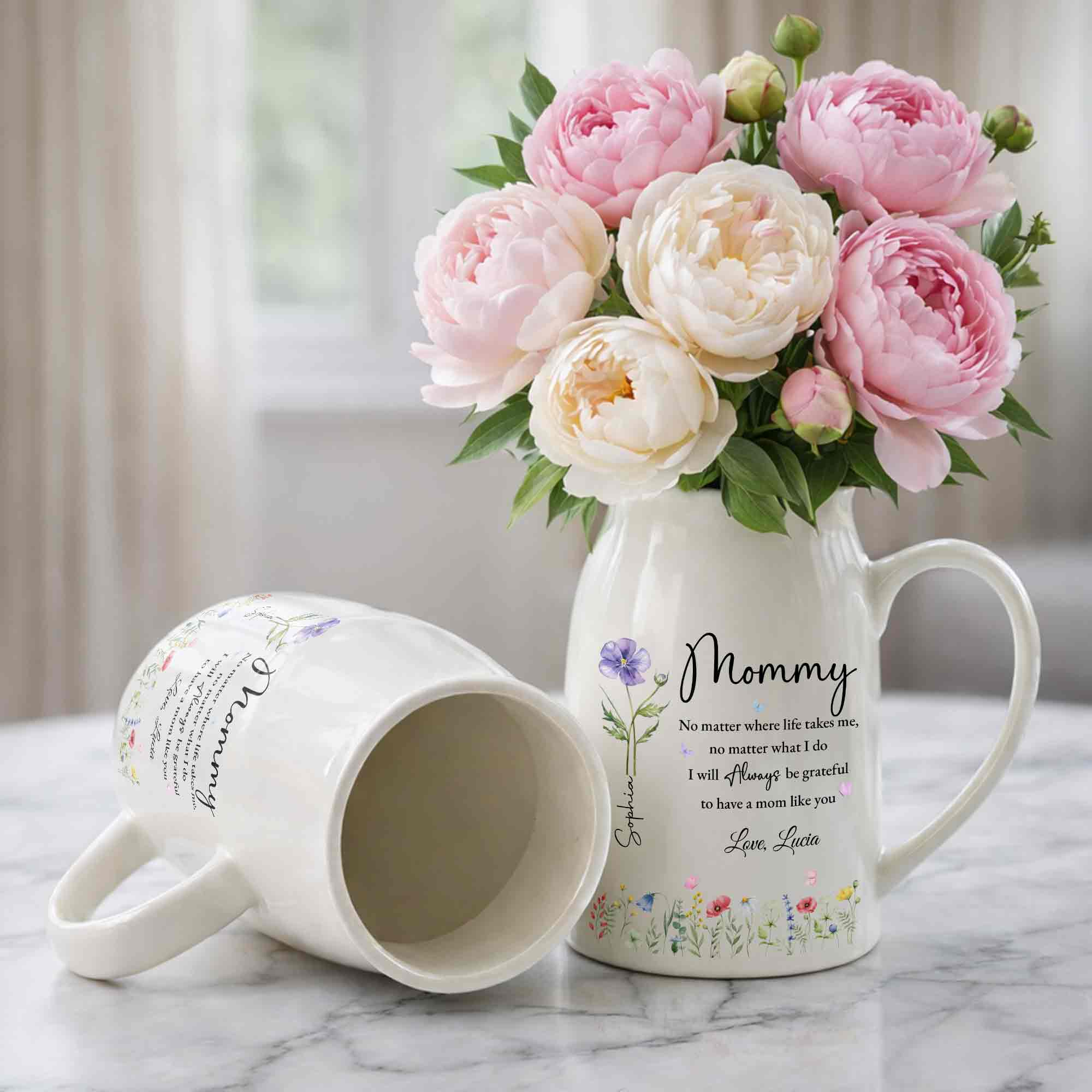 No Matter Where Life Takes Me Grateful For Mom With Birth Month Flowers - Personalized Ceramic Flower Vase