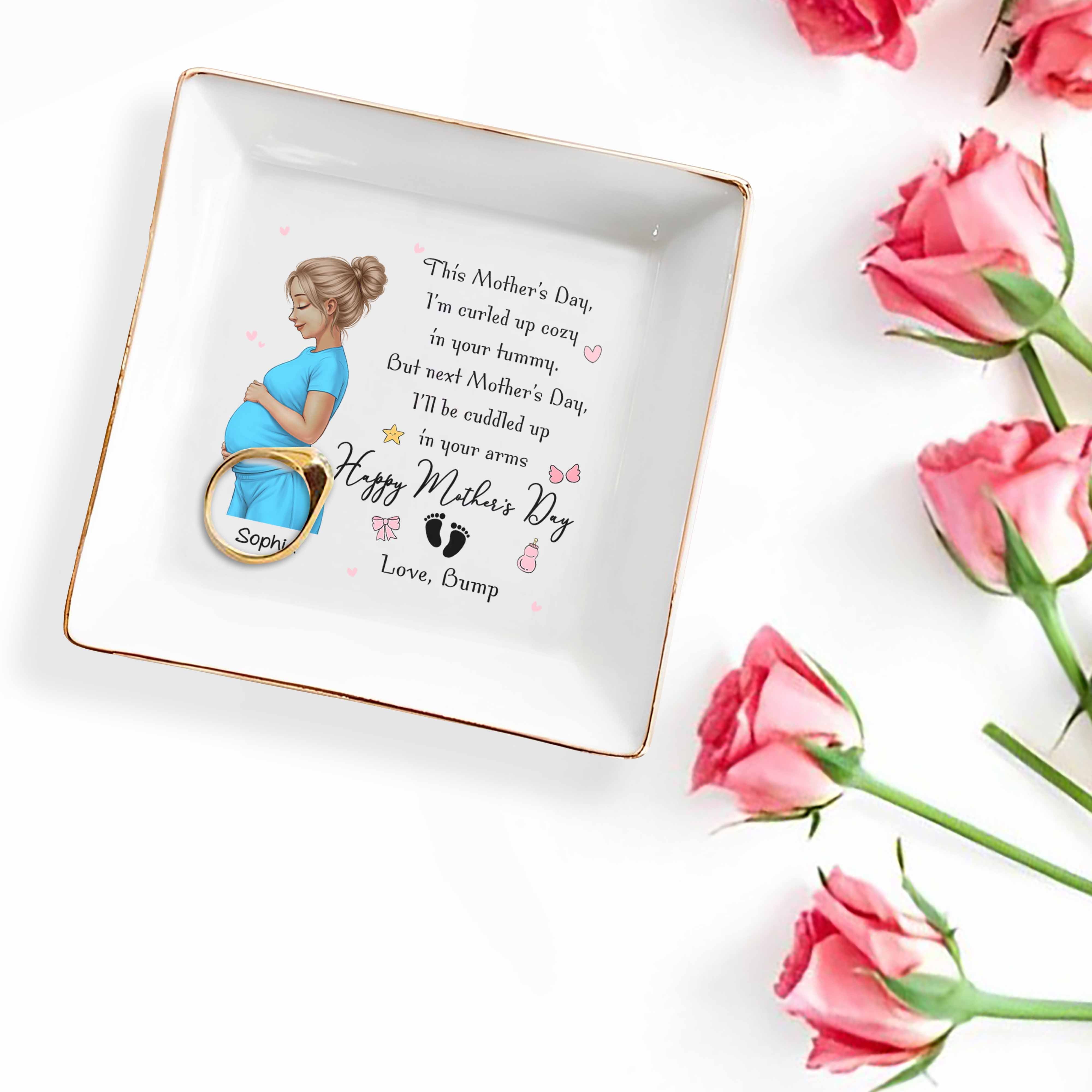 Curled Up Cozy In Your Tummy Happy Mother's Day Pregnant Woman - Personalized Custom Jewelry Dish, Square Ceramic Dish - MOM322_SCRD