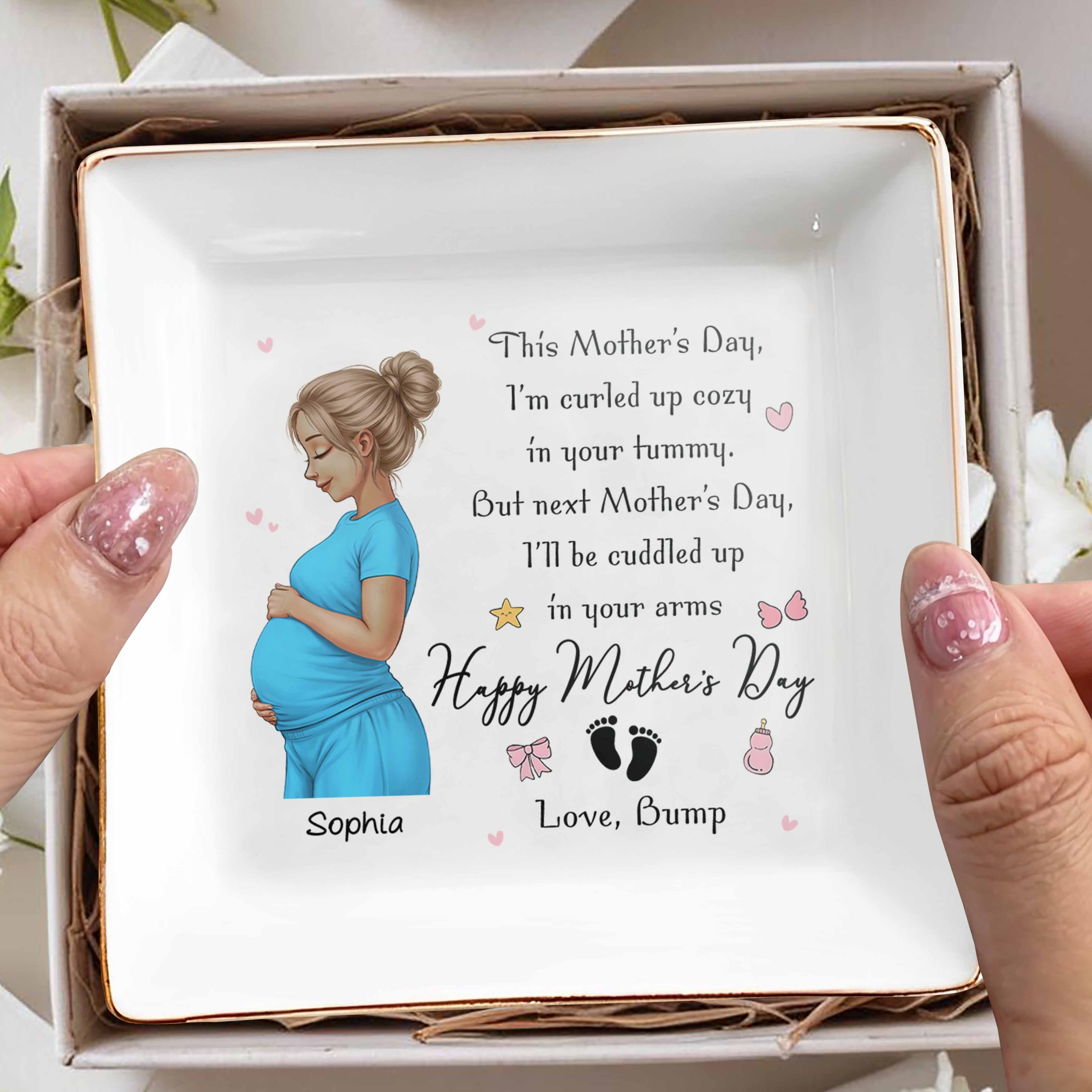 Curled Up Cozy In Your Tummy Happy Mother's Day Pregnant Woman - Personalized Custom Jewelry Dish, Square Ceramic Dish - MOM322_SCRD